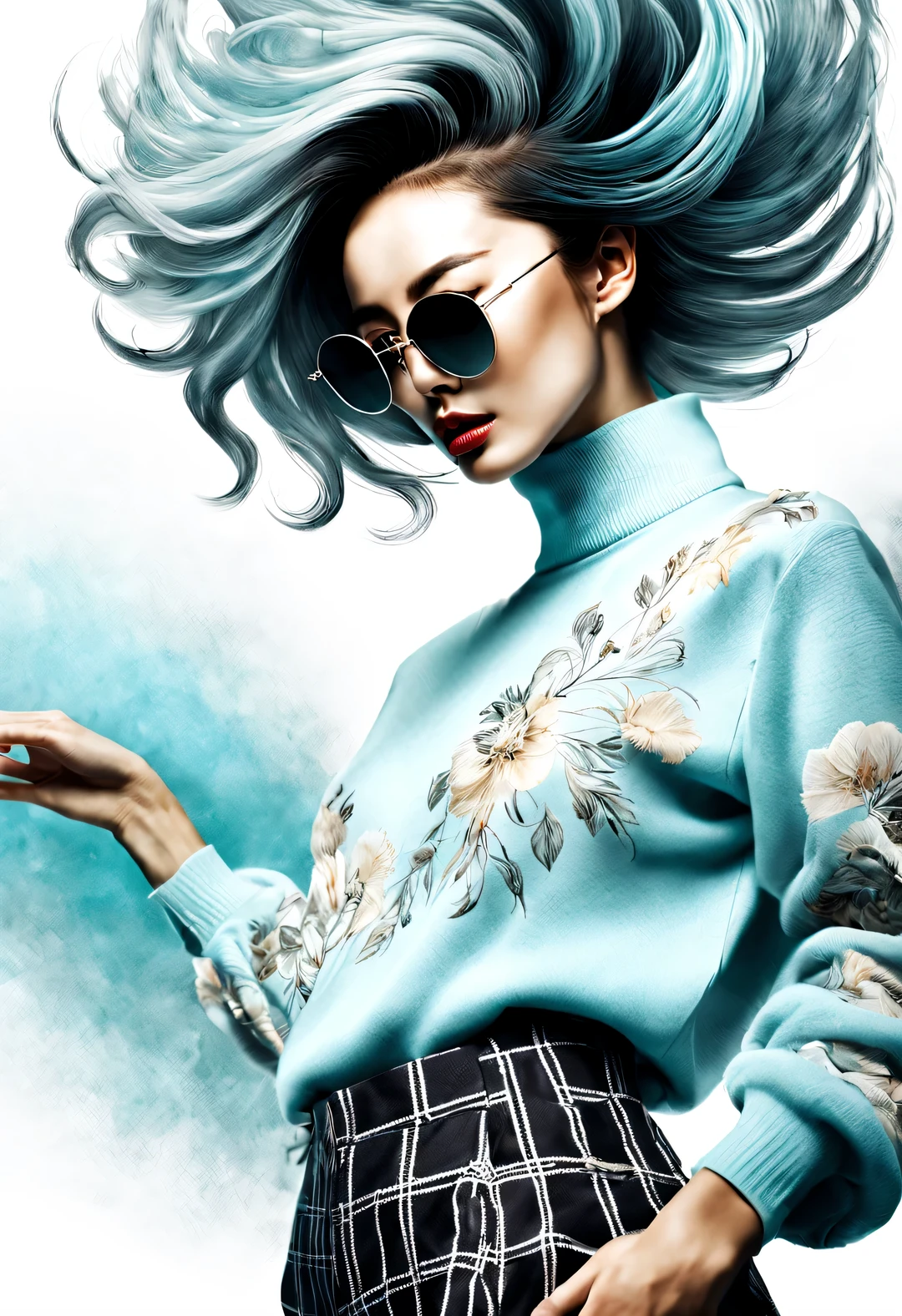 (Modern art dance simple poster design), (Half-length close-up), (Beautiful Chinese girl dancing in the air), (Wearing sunglasses and Dreamlocks hairstyle: 1.2) The pastel tones of a light blue jacket and an off-white floral sweater blend together, The black and white plaid pants also have a sharp contrast, Characterized by exquisite details and layering, Both fashionable and with a touch of gentle feminine charm. Wear modern and stylish winter fashion, slim waist, high nose bridge, Head up posture, sad yet beautiful, slender figure, Exquisite facial features,
background: briefcase dance, fog illustration, ink painting, black hair, Proud, Surrealism, contemporary art photography, action painting illustration, abstract expressionism, Pixar, depth of field, motion blur, backlight, Falling shadows, Vignetting, Elevation viewing angle, Sony FE General Manager, ultra high definition, masterpiece, Accuracy, textured skin, Super details, high detail, high quality, Award-winning, best quality, Level, 16k, Photographed from a bottom-up perspective,