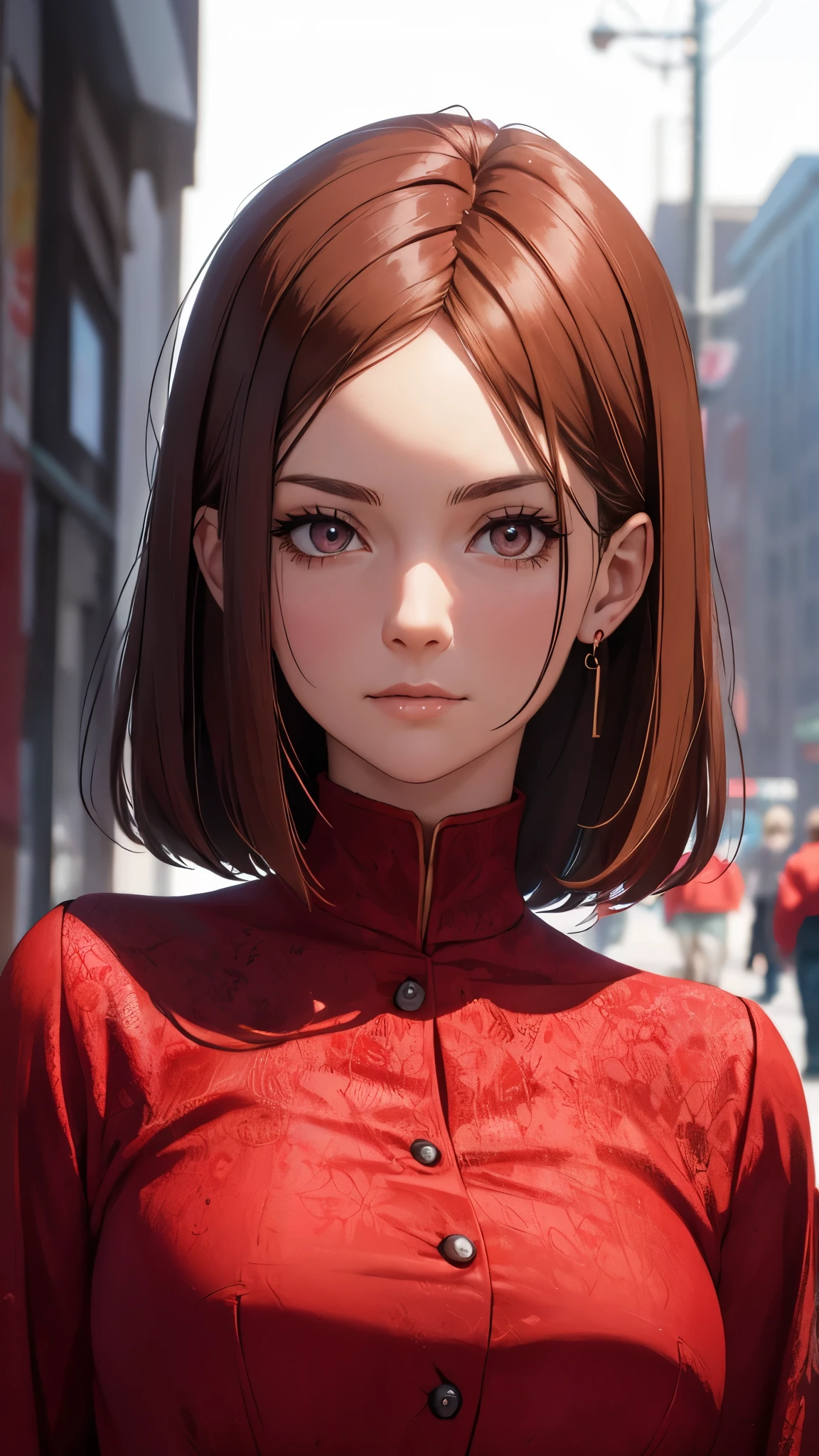 Close-up face, woman 1, upper body, Red dress with high neck, background in a public place,highly detailed CG, unit, 8K wallpapers, highest quality, high resolution, beautiful lighting, realistic shadow,detailed face Highly,detailed eyes Highly,detailed hair Highly