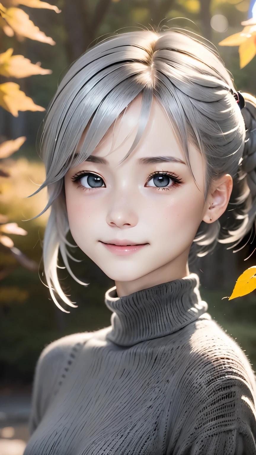 close, portrait, head shot, model shooting style, looking at the viewer,１４talent、 direct eye contact, White-sama, 1 girl, smile, (Ash gray hair), shortcut、Twintails with short hair、Knitted Black Turtleneck,small breasts,freckles, autumn park, Depth of bounds written, blurred background, skin details, fine eyes, Warm volumetric lighting, masterpiece, highest quality ,ultra high resolution、８ｋ    