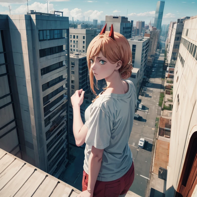 power 1 chica de cuerpo perfecto del anime chainsaw man vestida con una remera blanca mangas cortas y un pantalon largo ajustado, SENTADA EN LA AZOTEA DE UN EDIFICIO ALTO, con el cielo azul claro y la ciudad de fondo TE DIJE QUE ESTABA EN EL TECHO DE UN EDIFICIO 