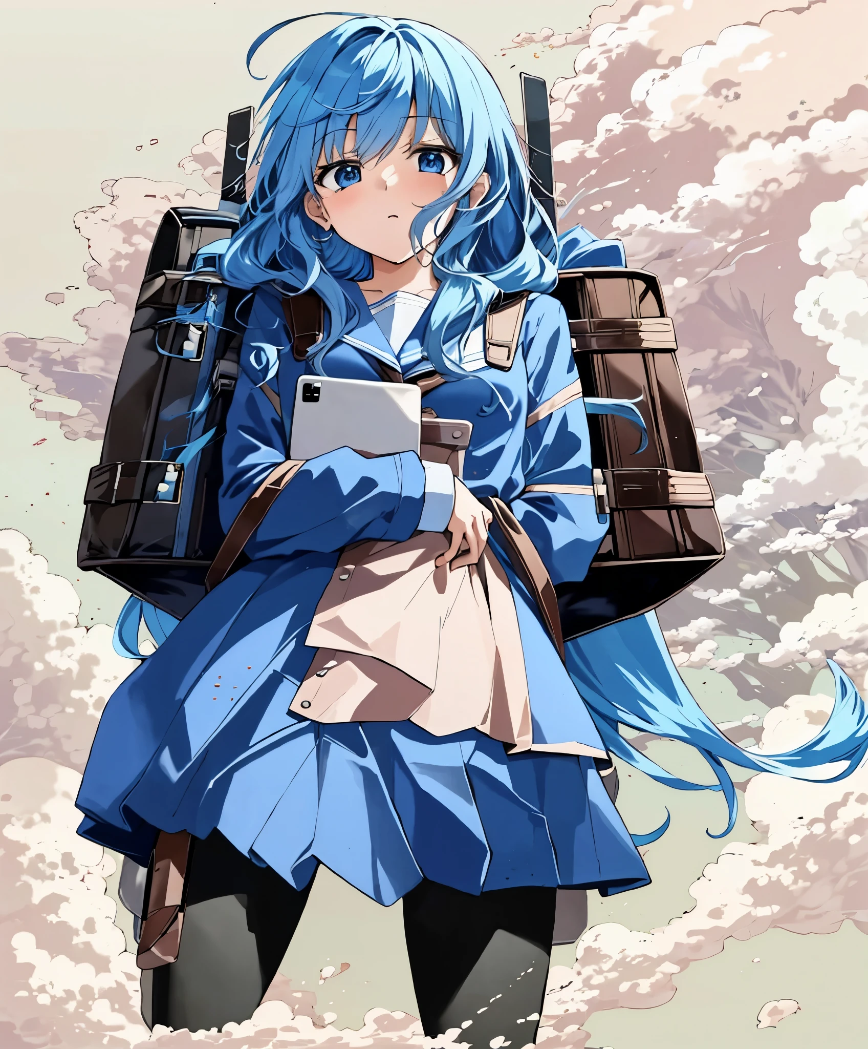 Menina anime with blue hair and a backpack on her back, estilo de arte anime moe, young Menina anime, linda garota do ensino médio de anime, estilo anime 2D, (Menina anime), linda garota anime visual, Estilo de arte anime de alta qualidade, Menina anime with long hair, Menina anime, an Menina anime, estilo anime 4k, cute Menina anime, olhos como jóias, segure o tablet na mão direita