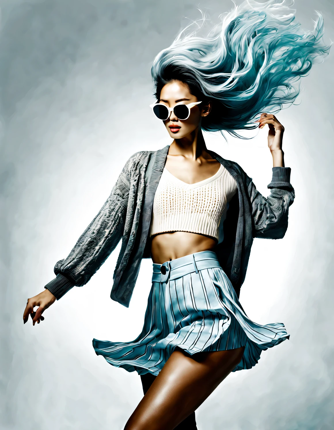 (Modern art dance simple poster design), (Half-length close-up), (Beautiful Chinese girl kissing big luxury leather bag,), (（Wearing sunglasses and braided hairstyle：1.2）), Characterized by exquisite details and layering, The pastel tones of a light blue jacket and an off-white floral sweater blend together, Black and white plaid pants also have a sharp contrast,， Wear modern and stylish winter fashion, slim waist, high nose bridge, look up姿势, sad but beautiful, slender figure, Exquisite facial features, swirling fog illustration, ink painting, black hair,Proudly, Surrealism, contemporary art photography, action illustration, abstract expressionism, Pixar, depth of field, motion blur, backlight, Fall out, decline, look up, Sony FE General Manager, ultra high definition, masterpiece, Accuracy, textured skin, Super details, high detail, high quality, Award-winning, best quality, grade, 16k, Photographed from a bottom-up angle,