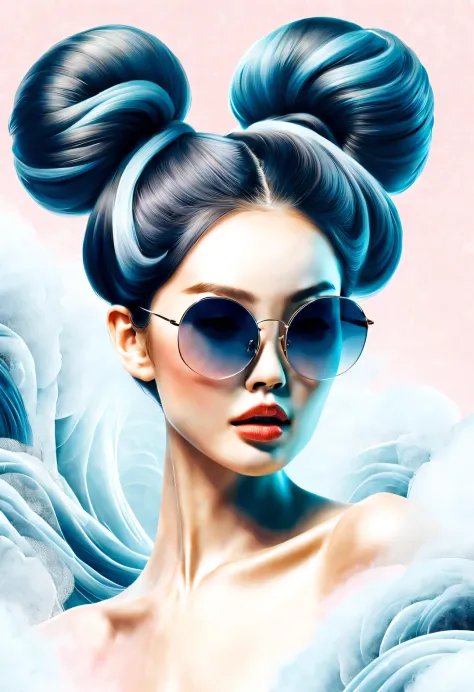(Modern art dance simple poster design), (Half-length close-up), (Beautiful Chinese girl dancing in the air), (Wearing sunglasses and double bun hairstyle: 1.2), (Soft pink contrasts with deep navy blue), Showing the warmth and depth of winter, Both fashio...