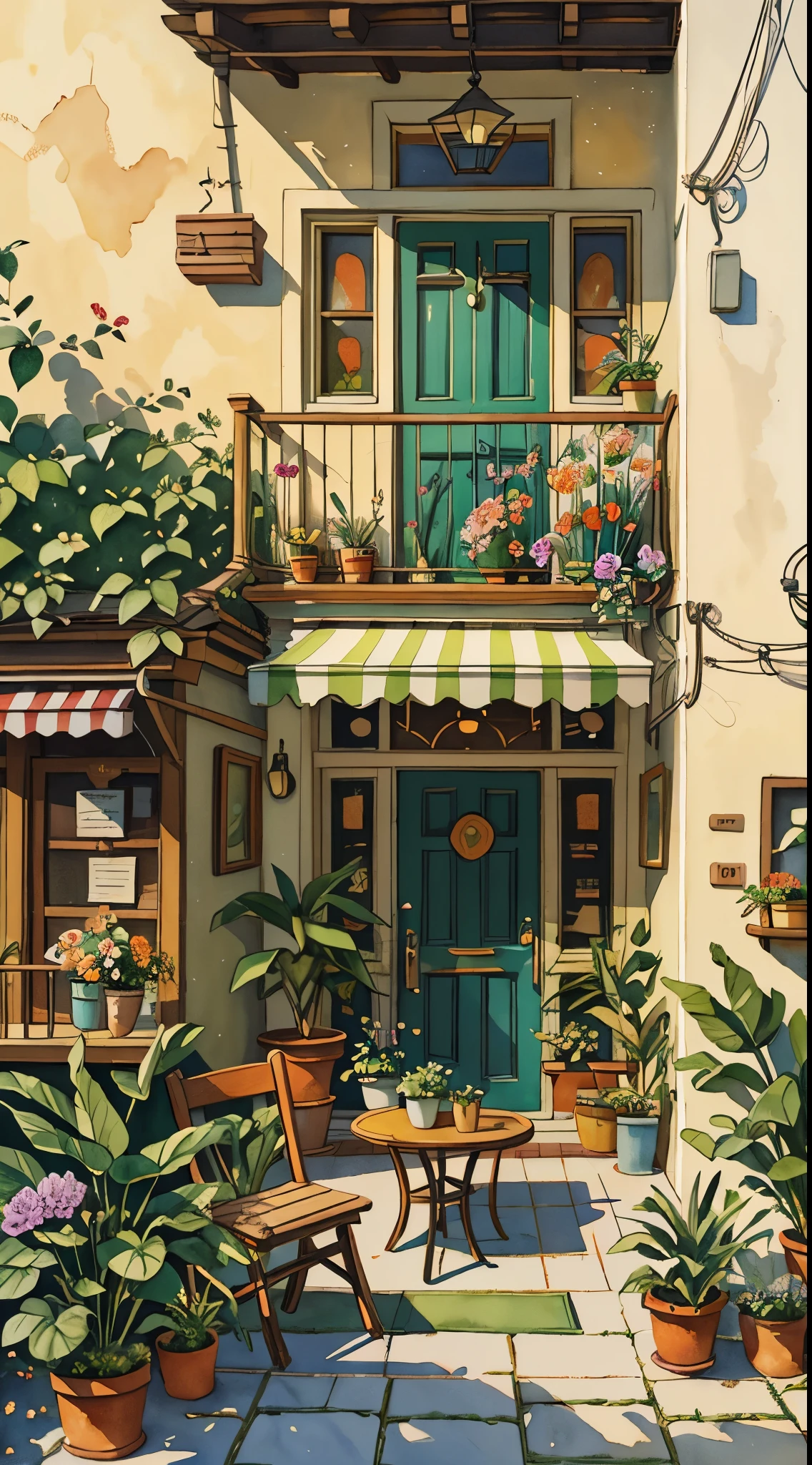 JZCG021,Flower store,coffee spot,tables,chairs,no one,windows,flowers,plants,potted plants,watercolor (medium),landscapes,doors,air conditioning,paintings (medium),traditional media,houses,outdoors,balconies,architecture,masterpiece,best quality,high quality,Botanical,, masterpiece,best quality,high quality, 