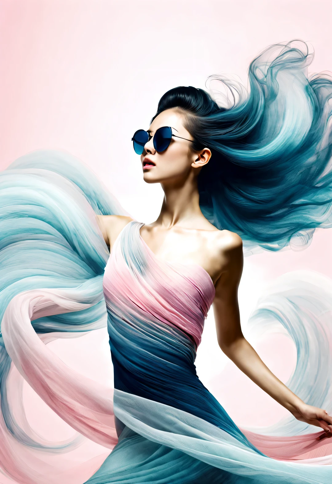 (Modern art dance simple poster design), (Half-length close-up), (Beautiful Chinese girl dancing in the air), (Wearing sunglasses and braided hairstyle: 1.2), (Soft pink contrasts with deep navy blue), Showing the warmth and depth of winter, Both fashionable and with a touch of gentle feminine charm. Wear modern and stylish winter fashion, slim waist, high nose bridge, Head up posture, sad yet beautiful, slim figure, Exquisite facial features, correct finger,
background: briefcase dance, fog illustration, ink painting, black hair, Proud, Surrealism, contemporary art photography, action painting illustration, abstract expressionism, Pixar, depth of field, motion blur, backlight, shadow, Vignetting, Elevation viewing angle, Sony FE General Manager, ultra high definition, masterpiece, Accuracy, textured skin, Super details, high detail, high quality, Award-winning, best quality, Level, 16k, Photographed from a bottom-up perspective,