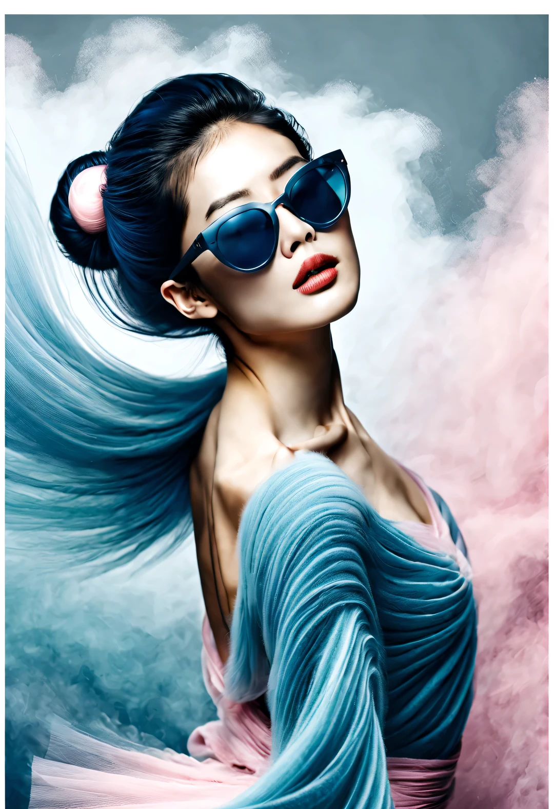 (Modern art dance simple poster design), (Half-length close-up), (Beautiful Chinese girl dancing in the air), (Wearing sunglasses and braided hairstyle: 1.2), (Soft pink contrasts with deep navy blue), Showing the warmth and depth of winter, Both fashionable and with a touch of gentle feminine charm. Wear modern and stylish winter fashion, slim waist, high nose bridge, Head up posture, sad yet beautiful, slim figure, Exquisite facial features, correct finger,
background: briefcase dance, fog illustration, ink painting, black hair, Proud, Surrealism, contemporary art photography, action painting illustration, abstract expressionism, Pixar, depth of field, motion blur, backlight, shadow, Vignetting, Elevation viewing angle, Sony FE General Manager, ultra high definition, masterpiece, Accuracy, textured skin, Super details, high detail, high quality, Award-winning, best quality, Level, 16k, Photographed from a bottom-up perspective,