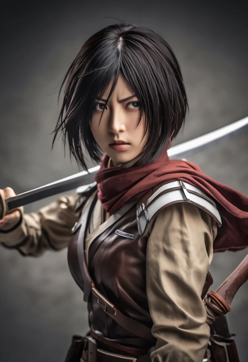 Photography capturing Mikasa, a fierce and determined warrior from the series "Attack on Titan," in a close-up shot. Mikasa is dressed in her iconic tight-fitting combat attire, showcasing her strength and agility. Her intense gaze reflects her unwavering focus in the midst of a chaotic battlefield. The photograph is framed tightly, emphasizing Mikasa's resolute expression and the tension in her muscles. The lighting is harsh, casting bold shadows that accentuate her powerful stance. This captivating image encapsulates Mikasa's unwavering determination and prowess in the face of adversity