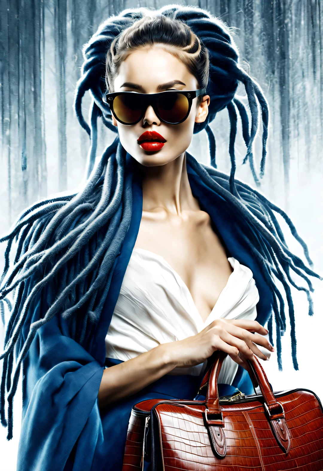 (Modern art dance simple poster design), (Half-length close-up), (Beautiful Chinese girl kissing big luxury leather bag,), (（Wearing sunglasses and braided hairstyle：1.2）), Characterized by exquisite details and layering, The pastel tones of a light blue jacket and an off-white floral sweater blend together, Black and white plaid pants also have a sharp contrast,， Wear modern and stylish winter fashion, slim waist, high nose bridge, look up姿势, sad but beautiful, slender figure, Exquisite facial features, swirling fog illustration, ink painting, black hair,Proudly, Surrealism, contemporary art photography, action illustration, abstract expressionism, Pixar, depth of field, motion blur, backlight, Fall out, decline, look up, Sony FE General Manager, ultra high definition, masterpiece, Accuracy, textured skin, Super details, high detail, high quality, Award-winning, best quality, grade, 16k, Photographed from a bottom-up angle,