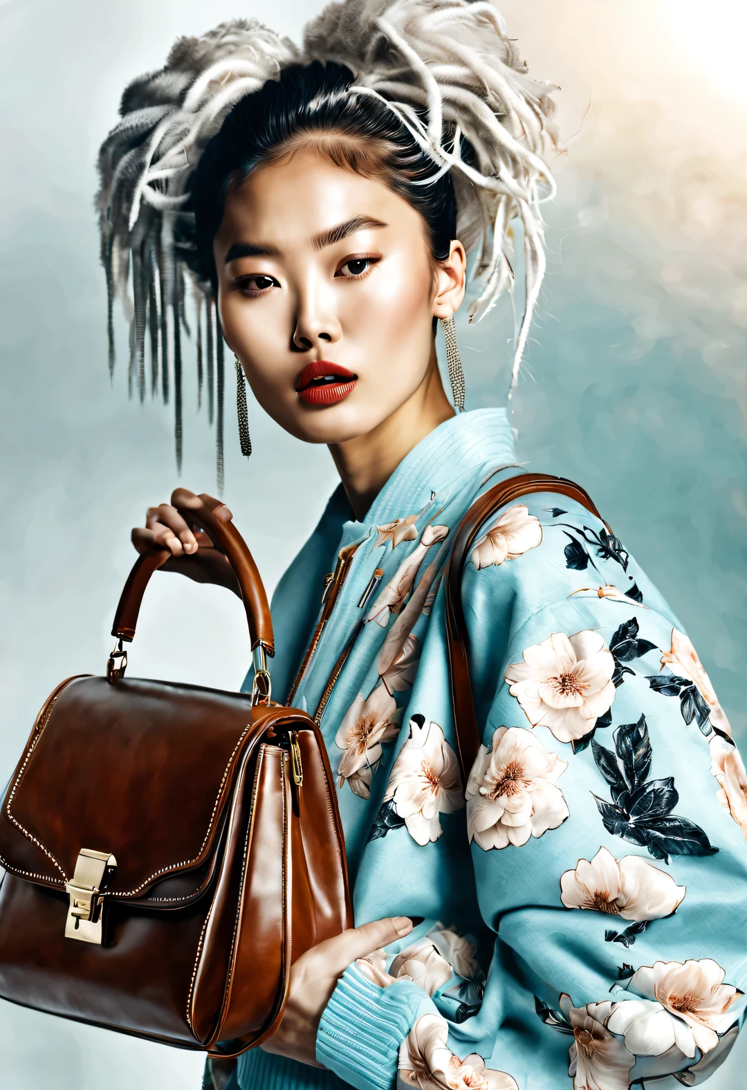 (Modern art dance simple poster design), (Half-length close-up), (Beautiful Chinese girl kissing big luxury leather bag,), (（Wearing sunglasses and braided hairstyle：1.2）), Characterized by exquisite details and layering, The pastel tones of a light blue jacket and an off-white floral sweater blend together, Black and white plaid pants also have a sharp contrast,， Wear modern and stylish winter fashion, slim waist, high nose bridge, look up姿势, sad but beautiful, slender figure, Exquisite facial features, swirling fog illustration, ink painting, black hair,Proudly, Surrealism, contemporary art photography, action illustration, abstract expressionism, Pixar, depth of field, motion blur, backlight, Fall out, decline, look up, Sony FE General Manager, ultra high definition, masterpiece, Accuracy, textured skin, Super details, high detail, high quality, Award-winning, best quality, grade, 16k, Photographed from a bottom-up angle,