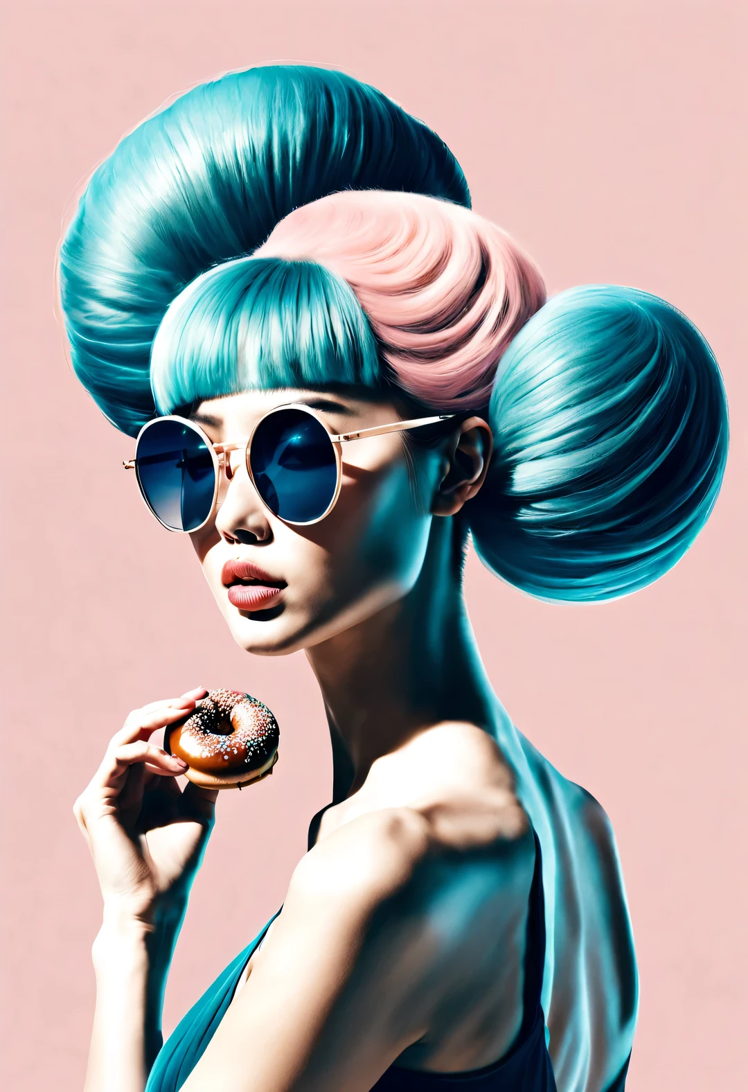 (Modern art dance simple poster design), (Half-length close-up), (Beautiful Chinese girl dancing in the air), (Wear sunglasses and donut bun hairstyle: 1.2), (Soft pink contrasts with deep navy blue), Showing the warmth and depth of winter, Both fashionable and with a touch of gentle feminine charm. Wear modern and stylish winter fashion, slim waist, high nose bridge, Head up posture, sad yet beautiful, slim figure, Exquisite facial features, correct finger,
background: briefcase dance, fog illustration, ink painting, black hair, Proud, Surrealism, contemporary art photography, action painting illustration, abstract expressionism, Pixar, depth of field, motion blur, backlight, shadow, Vignetting, Elevation viewing angle, Sony FE General Manager, ultra high definition, masterpiece, Accuracy, textured skin, Super details, high detail, high quality, Award-winning, best quality, Level, 16k, Photographed from a bottom-up perspective,