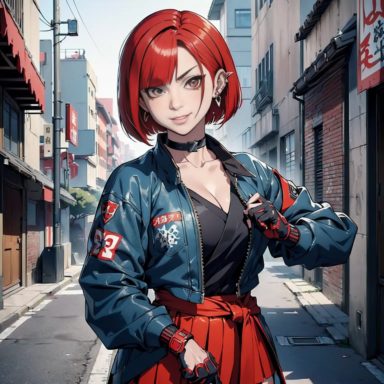 in the art style of persona5 and in the art style of street of rage 4, delinquent, (sukeban), mature_female, blush, mature, olde...