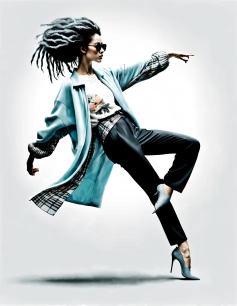 (Modern art dance simple poster design），（close up), （Beautiful Chinese girl dancing in the air），（Wearing sunglasses and braided hairstyle：1.2） The pastel tones of a light blue jacket and an off-white floral sweater blend together, Black and white plaid pan...
