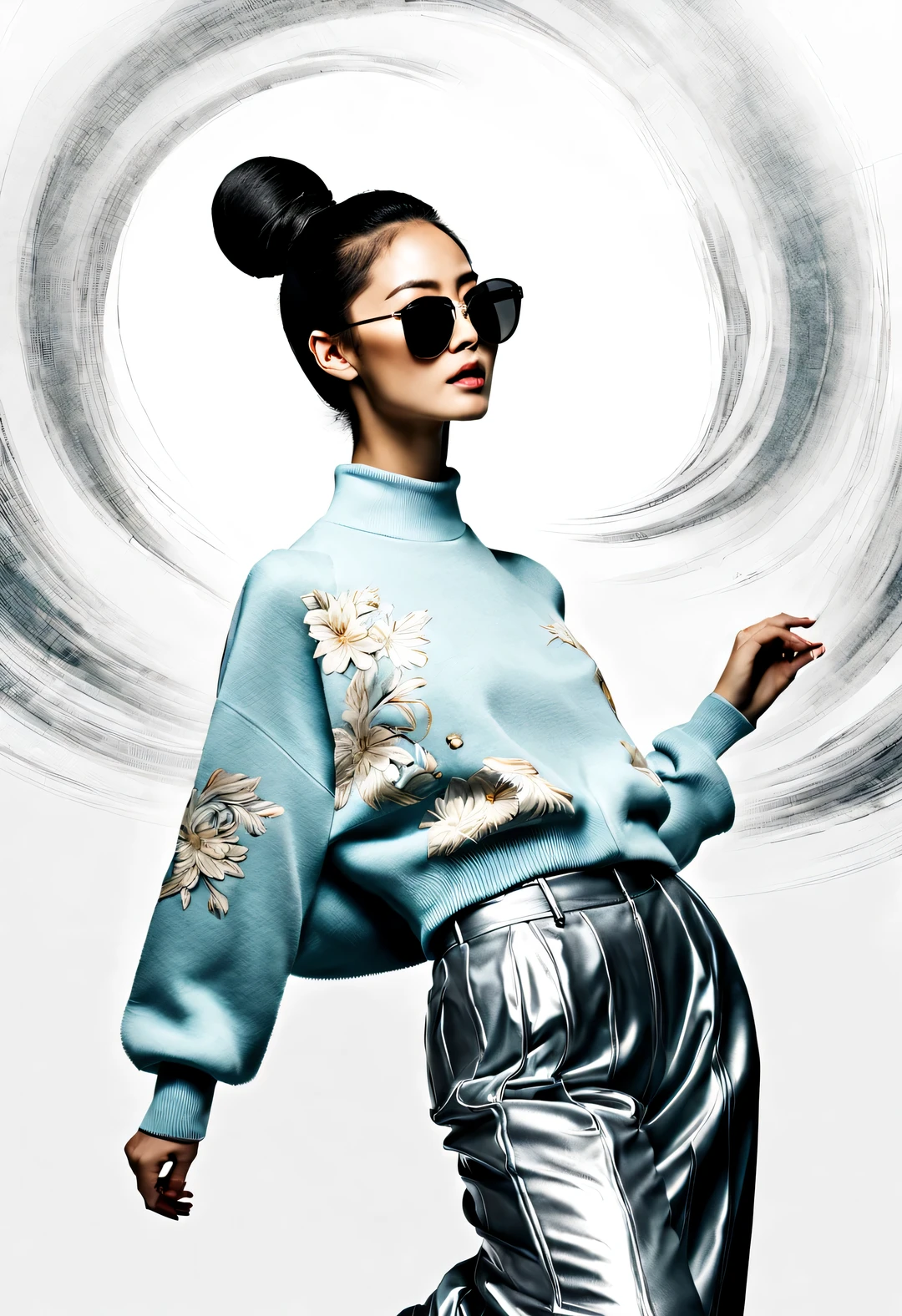 (Modern art dance simple poster design), (Half-length close-up), (Beautiful Chinese girl dancing in the air), (wearing sunglasses: 1.37), (high ponytail: 1.2) The pastel tones of a light blue jacket and an off-white floral sweater blend together, The black and white plaid pants also have a sharp contrast, Characterized by exquisite details and layering. They are both fashionable and have gentle feminine charm. Wear modern fashionable winter fashion, their slender waists, high nose bridge, And the posture of looking up is sad and beautiful, Slender figure，Exquisite facial features,
background: briefcase dance, fog illustration, ink painting, black hair, Proud, Surrealism, contemporary art photography, action painting illustration, abstract expressionism, Pixar, depth of field, motion blur, backlight, Falling shadows, Vignetting, Elevation viewing angle, Sony FE General Manager, ultra high definition, masterpiece, Accuracy, textured skin, Super details, high detail, high quality, Award-winning, best quality, Level, 16k, Shot from a bottom-up perspective,