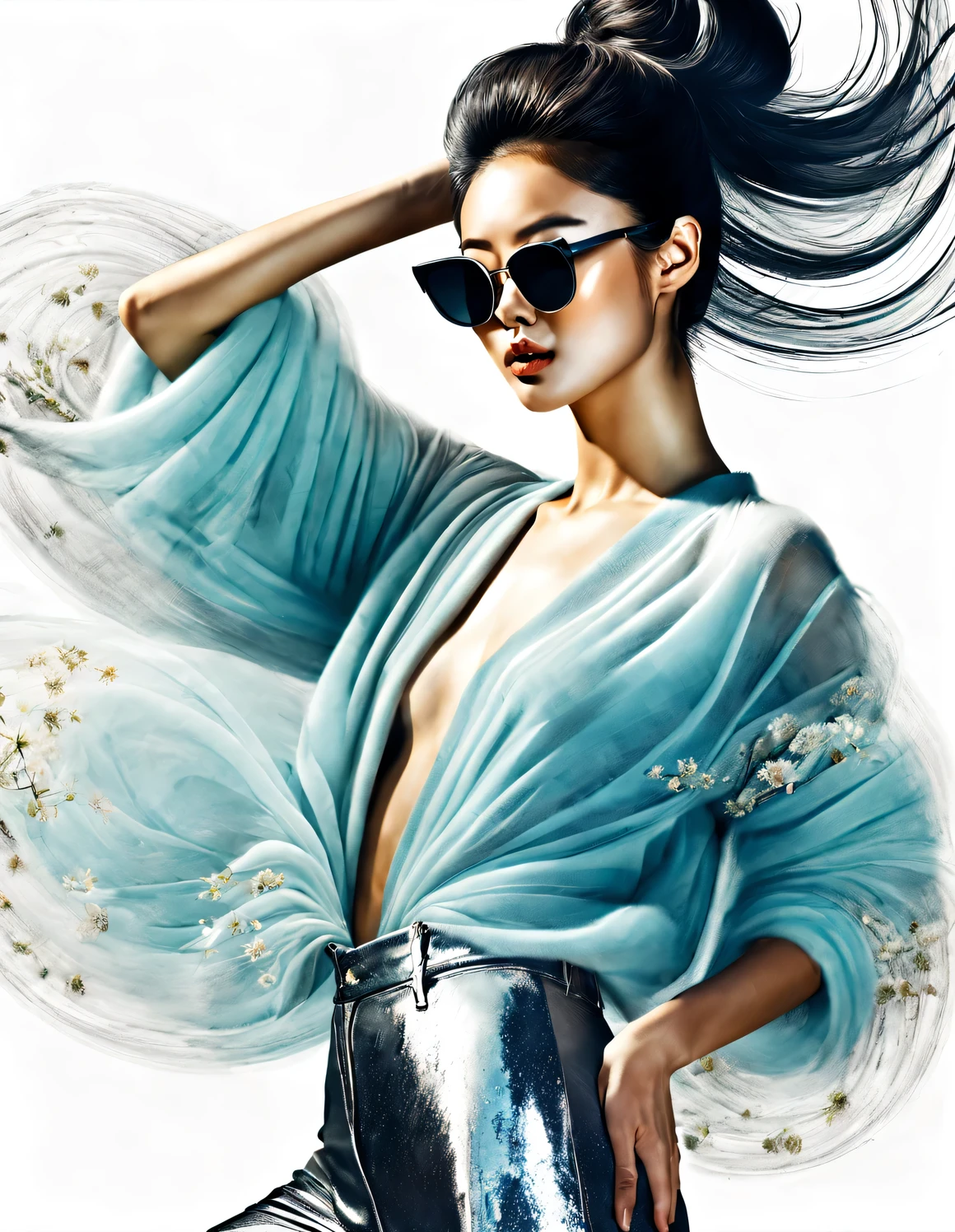 (Modern art dance simple poster design), (Half-length close-up), (Beautiful Chinese girl dancing in the air), (wearing sunglasses: 1.37), (Hair, hair covering one eye, shiny hair hairstyle: 1.2) The pastel tones of a light blue jacket and an off-white floral sweater blend together, The black and white plaid pants also have a sharp contrast, Characterized by exquisite details and layering, Both fashionable and softly feminine, Wear modern and stylish winter fashion, thin waist, high nose bridge, Head up posture, sad yet beautiful, slender figure, Exquisite facial features,
background: briefcase dance, fog illustration, ink painting, black hair, Proud, Surrealism, contemporary art photography, action painting illustration, abstract expressionism, Pixar, depth of field, motion blur, backlight, Falling shadows, Vignetting, Elevation viewing angle, Sony FE General Manager, ultra high definition, masterpiece, Accuracy, textured skin, Super details, high detail, high quality, Award-winning, best quality, Level, 16k, Photographed from a bottom-up perspective,