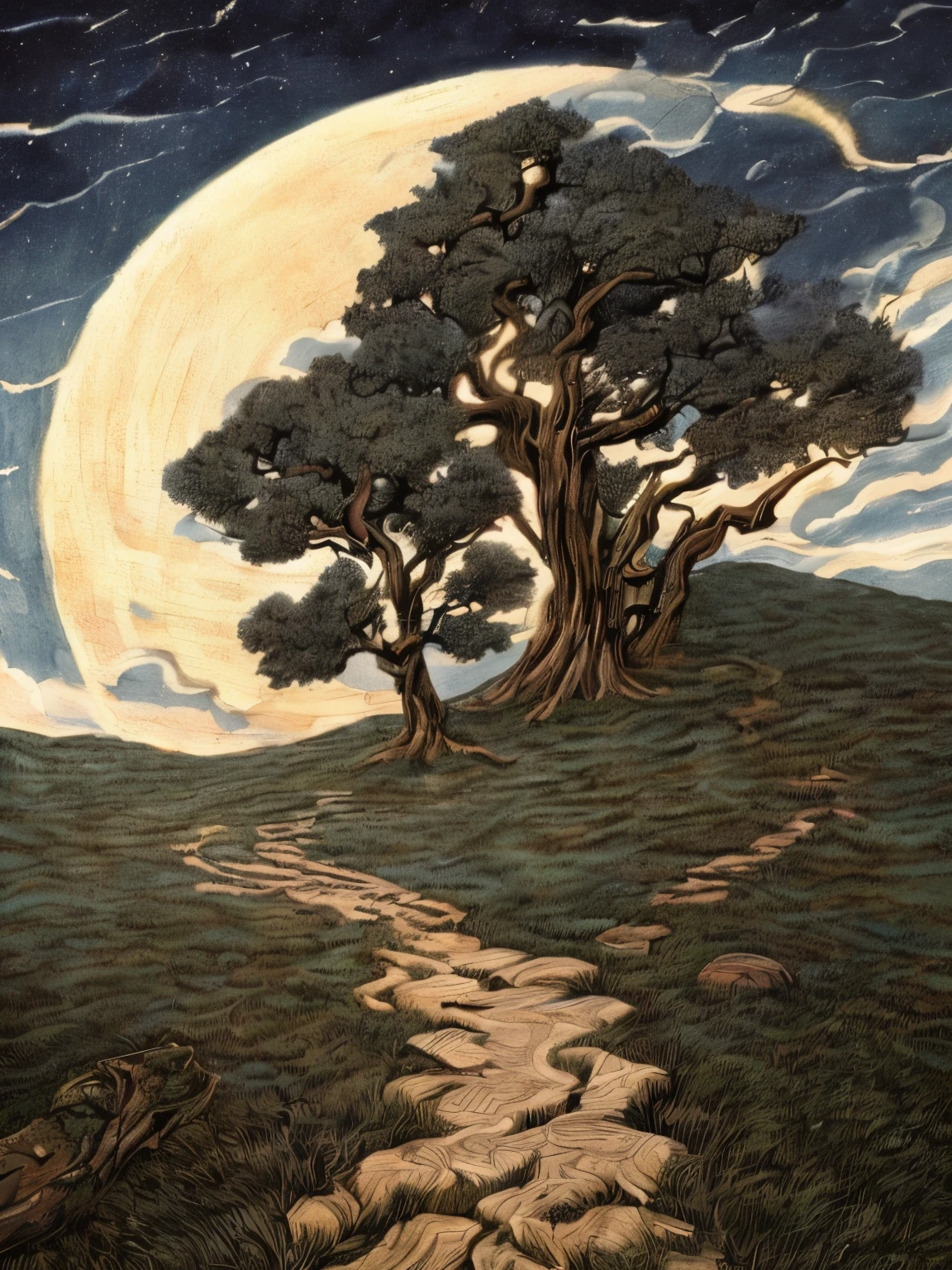 Very good 8KCG wallpapers, very fine 8K CG wallpaper, watercolor (medium), (((dark, Dark Night, Deep Night, the moon))) ((Sky color: dark blue)) (((Natural Background, rock formations, wood))), path, a meadow, ((plein air)) (((Character Deletion))) (((Excluding people)))