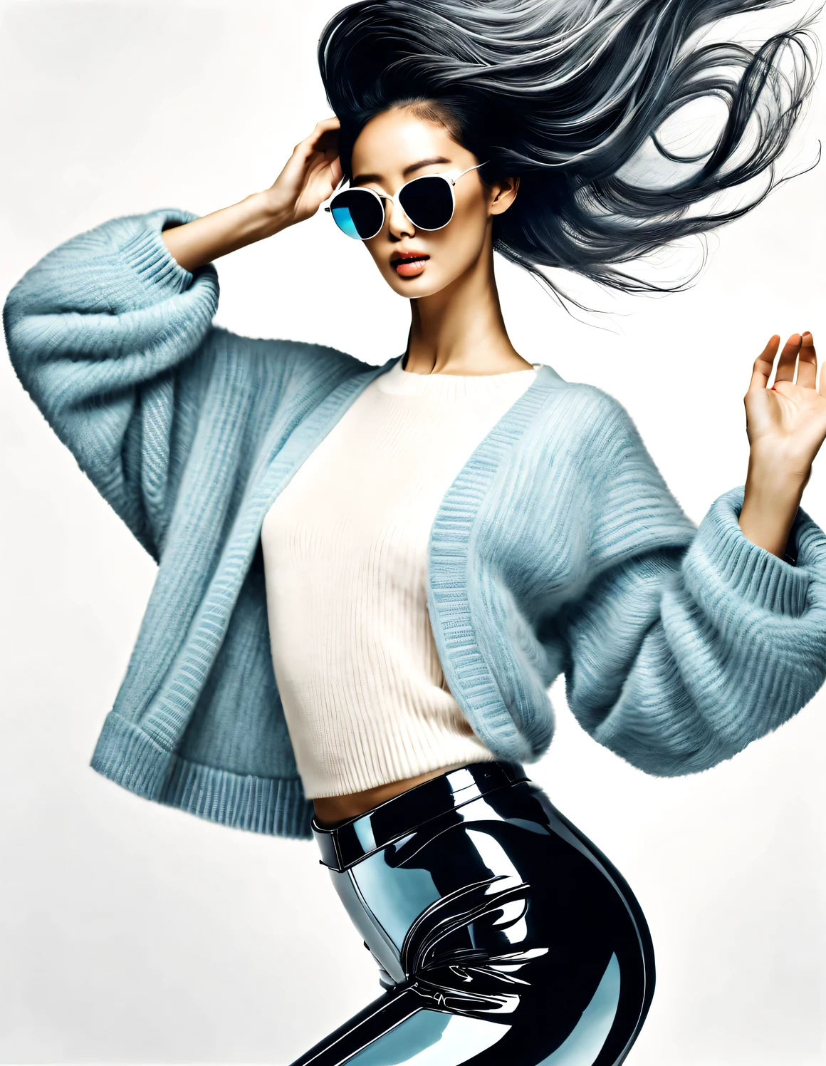 (Modern art dance simple poster design), (Half-length close-up), (Beautiful Chinese girl dancing in the air), (wearing sunglasses: 1.37), (Hair, hair covering one eye, shiny hair hairstyle: 1.2) The pastel tones of a light blue jacket and an off-white floral sweater blend together, The black and white plaid pants also have a sharp contrast, Characterized by exquisite details and layering, Both fashionable and softly feminine, Wear modern and stylish winter fashion, thin waist, high nose bridge, Head up posture, sad yet beautiful, slender figure, Exquisite facial features,
background: briefcase dance, fog illustration, ink painting, black hair, Proud, Surrealism, contemporary art photography, action painting illustration, abstract expressionism, Pixar, depth of field, motion blur, backlight, Falling shadows, Vignetting, Elevation viewing angle, Sony FE General Manager, ultra high definition, masterpiece, Accuracy, textured skin, Super details, high detail, high quality, Award-winning, best quality, Level, 16k, Photographed from a bottom-up perspective,