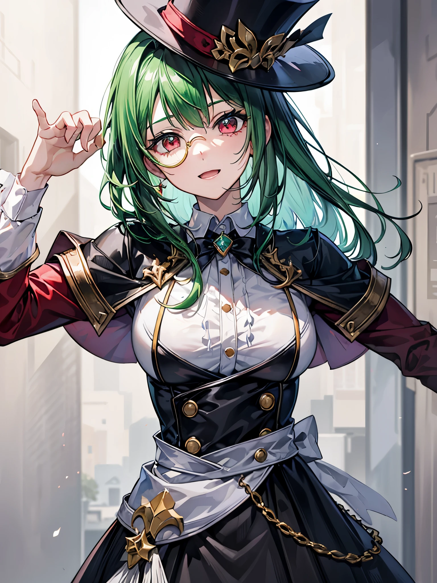 （（（masterpiece、Highest image quality、highest quality、highly detailed unity 8ｋwallpaper）））、（（Illustration of one girl））、（（（beautiful girl）））、（Emerald green hair、sidelocks：1.2、red eyeonocle、（（（crazy smile）））、（（（Black top hat、tuxedo）））、grand library