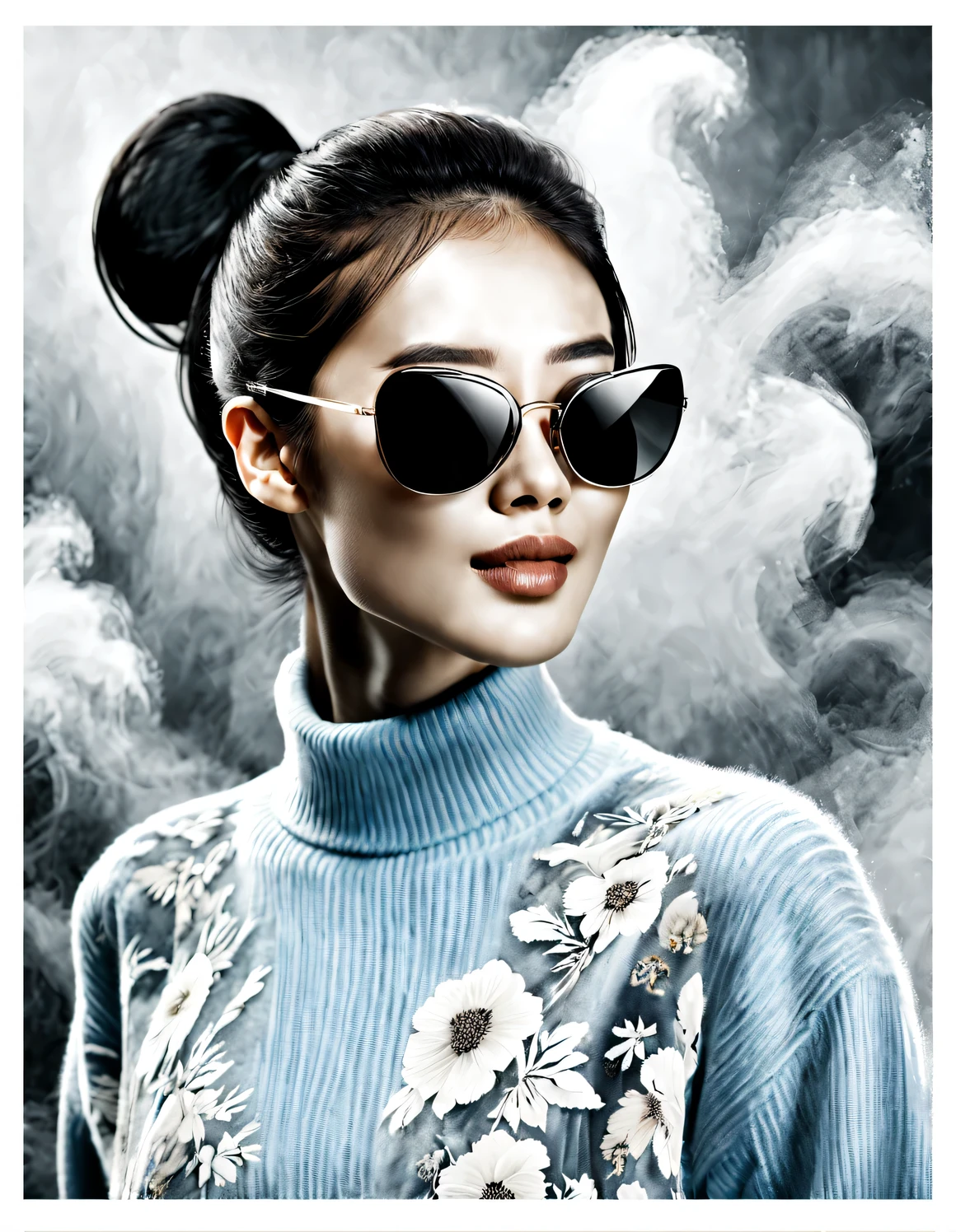 (Modern art dance simple poster design), (Half-length close-up), (Beautiful Chinese girl smiles), (wearing sunglasses: 1.37), (high ponytail: 1.2) The pastel tones of a light blue jacket and an off-white floral sweater blend together, The black and white plaid pants also have a sharp contrast, Characterized by exquisite details and layering, Both fashionable and softly feminine. Wear modern and stylish winter fashion, thin waist, high nose bridge, Head up posture, sad yet beautiful, slender figure, Exquisite facial features,
Background briefcase dancing, fog illustration, ink painting, black hair, Proud, Surrealism, contemporary art photography, action painting illustration, abstract expressionism, Pixar, depth of field, motion blur, backlight, Falling shadows, Vignetting, Elevation viewing angle, Sony FE General Manager, ultra high definition, masterpiece, Accuracy, textured skin, Super details, high detail, high quality, Award-winning, best quality, Level, 16k, Photographed from a bottom-up perspective,