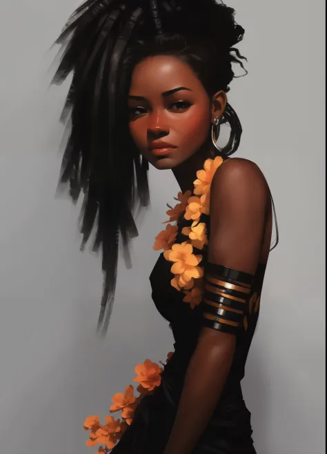 Charlie Bowater,  Lithography sketch portrait of a black Congolese woman, rich ebony skin, flowers, [gears], pipes, dieselpunk, ...
