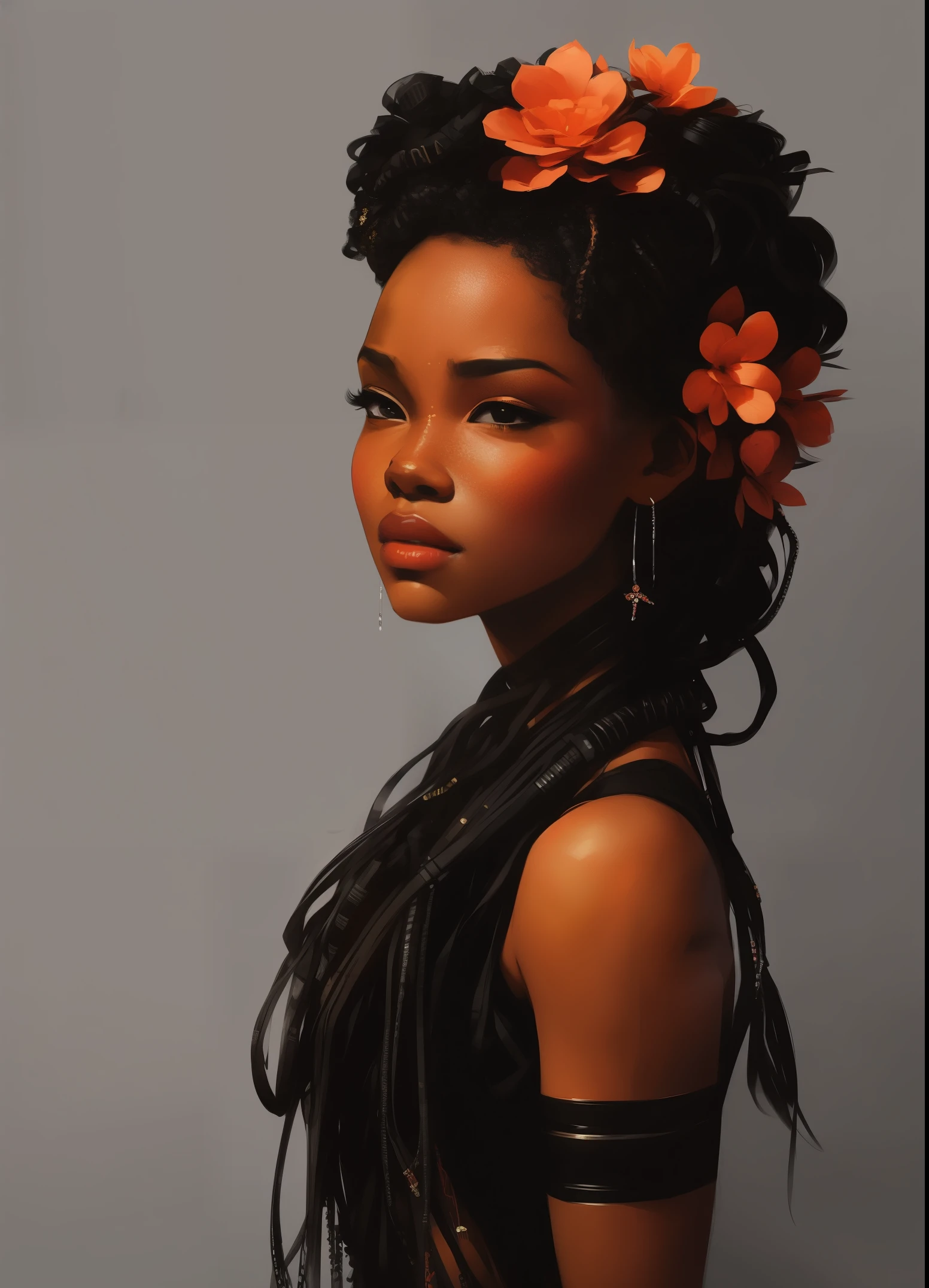 Charlie Bowater,  Lithography sketch portrait of a black Congolese woman, rich ebony skin, flowers, [gears], pipes, dieselpunk, multi-colored ribbons, old paper texture, highly detailed