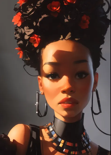samdoesarts Charlie Bowater realistic Lithography sketch portrait of a black Congolese woman, flowers, [gears], pipes, dieselpun...