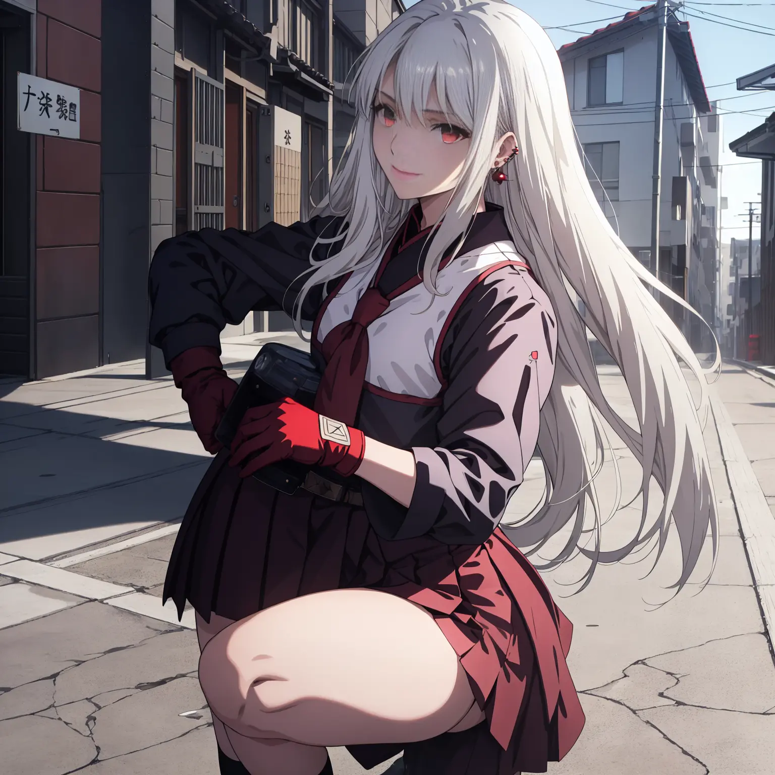 sukeban illyasviel_von_einzbern, mature_female, silver hair, holding yoyo, combat pose, full body, flowing hair, hair between th...