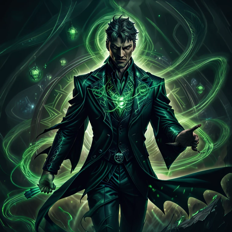 A realistic rendition of Batman in a vivid Green Lantern suit, meticulously crafted with sleek, dark materials, akin to a futuristic amalgamation of leather and power ring technology. The suit, adorned with intricate green patterns and lantern symbols, contrasts sharply against Batman's brooding, intense expression. The scene is set within a dimly lit, cinematic environment, bathed in hues of blue and green from the Lantern power. Every detail, from the textured fabric to the glowing lantern emblem, exudes top-quality, hyper-realistic detailing, captivating the viewer in the 8K resolution. The suit