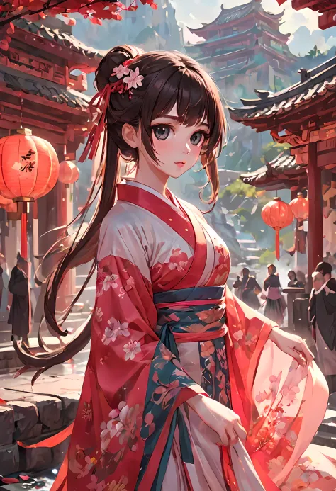 (best quality,masterpiece:1.2),(perfect face:1.5),(Bright Eyes:1.3),Animation scene of a beautiful girl wearing Hanfu walking on...