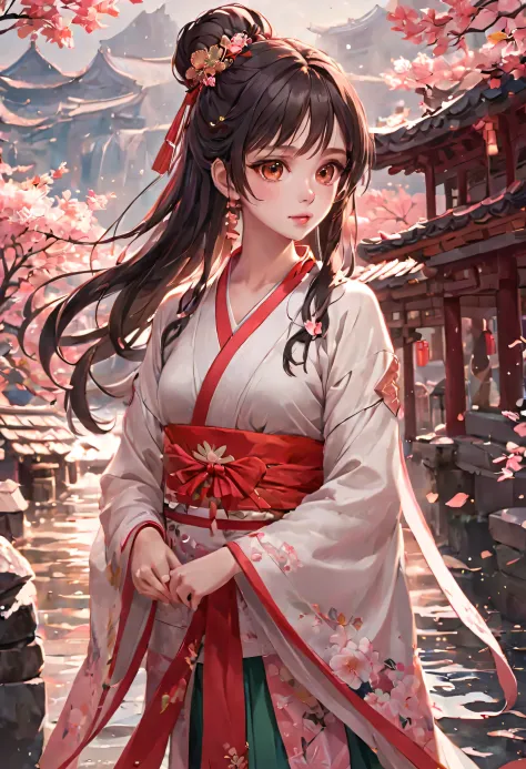 (best quality,masterpiece:1.2),(perfect face:1.5),(Bright Eyes:1.3),Animation scene of a beautiful girl wearing Hanfu walking on...