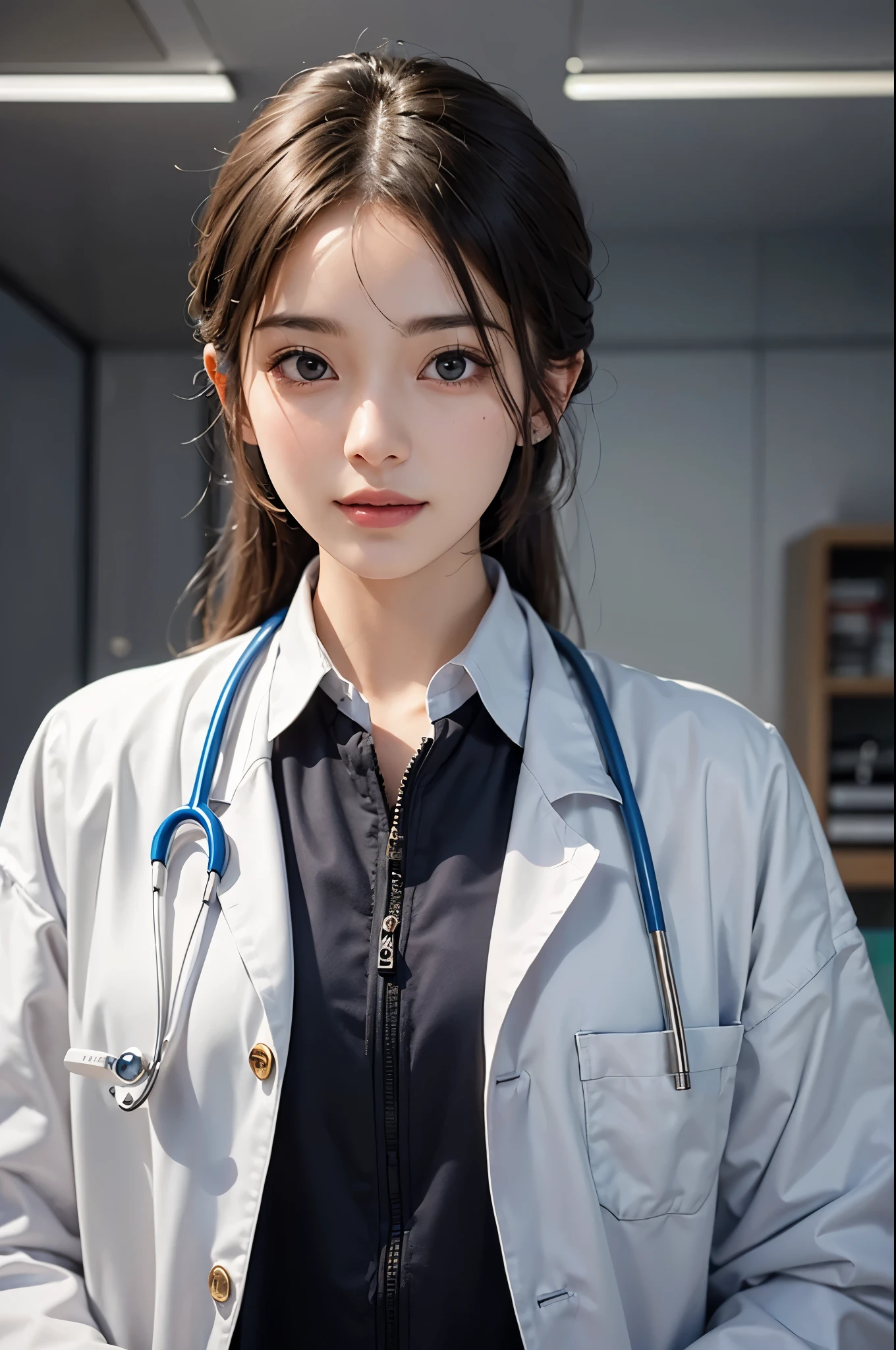 A beautiful female doctor in a professional clinic, (best quality, highres, ultra-detailed), with a crisp white lab coat, stethoscope around her neck, and a warm smile on her face. The doctor has well-defined eyes, a perfectly shaped nose, and luscious lips. Her eyes are captivating and convey confidence and compassion. The clinic is well-lit with natural light streaming in through large windows, creating a serene and inviting atmosphere.

The clinic is equipped with state-of-the-art medical equipment, including a sleek examination table and modern diagnostic instruments. The walls are adorned with informative medical charts and diagrams, providing a sense of knowledge and expertise. The doctor is surrounded by shelves filled with neatly organized medical books, highlighting her dedication to continuous learning and professionalism.

The color palette of the scene is bright and clean, with predominantly white and light blue tones, symbolizing purity and trust. The lighting is carefully balanced to ensure a comfortable and well-lit environment for both the doctor and the patients. The artwork is crafted with meticulous attention to detail, allowing for intricate rendering of the doctor's facial features and the clinic's interior.

The overall style of the artwork is realistic and photo-realistic, with a touch of artistic flair to enhance the visual appeal. The emphasis is on capturing the essence of a dedicated healthcare professional and the importance of providing quality medical care. The artwork exudes professionalism, expertise, and compassion, reflecting the commitment of the doctor to her profession and the well-being of her patients.

