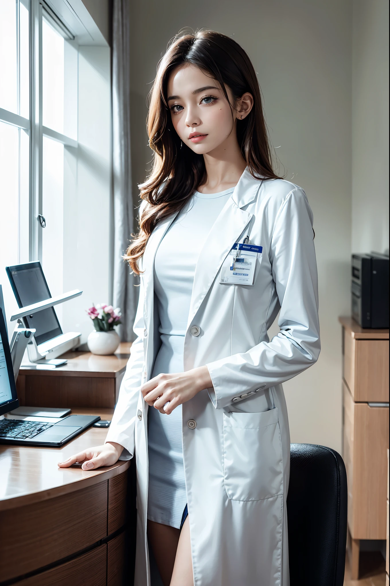 A beautiful female doctor in a professional clinic, (best quality, highres, ultra-detailed), with a crisp white lab coat, stethoscope around her neck, and a warm smile on her face. The doctor has well-defined eyes, a perfectly shaped nose, and luscious lips. Her eyes are captivating and convey confidence and compassion. The clinic is well-lit with natural light streaming in through large windows, creating a serene and inviting atmosphere.

The clinic is equipped with state-of-the-art medical equipment, including a sleek examination table and modern diagnostic instruments. The walls are adorned with informative medical charts and diagrams, providing a sense of knowledge and expertise. The doctor is surrounded by shelves filled with neatly organized medical books, highlighting her dedication to continuous learning and professionalism.

The color palette of the scene is bright and clean, with predominantly white and light blue tones, symbolizing purity and trust. The lighting is carefully balanced to ensure a comfortable and well-lit environment for both the doctor and the patients. The artwork is crafted with meticulous attention to detail, allowing for intricate rendering of the doctor's facial features and the clinic's interior.

The overall style of the artwork is realistic and photo-realistic, with a touch of artistic flair to enhance the visual appeal. The emphasis is on capturing the essence of a dedicated healthcare professional and the importance of providing quality medical care. The artwork exudes professionalism, expertise, and compassion, reflecting the commitment of the doctor to her profession and the well-being of her patients.

