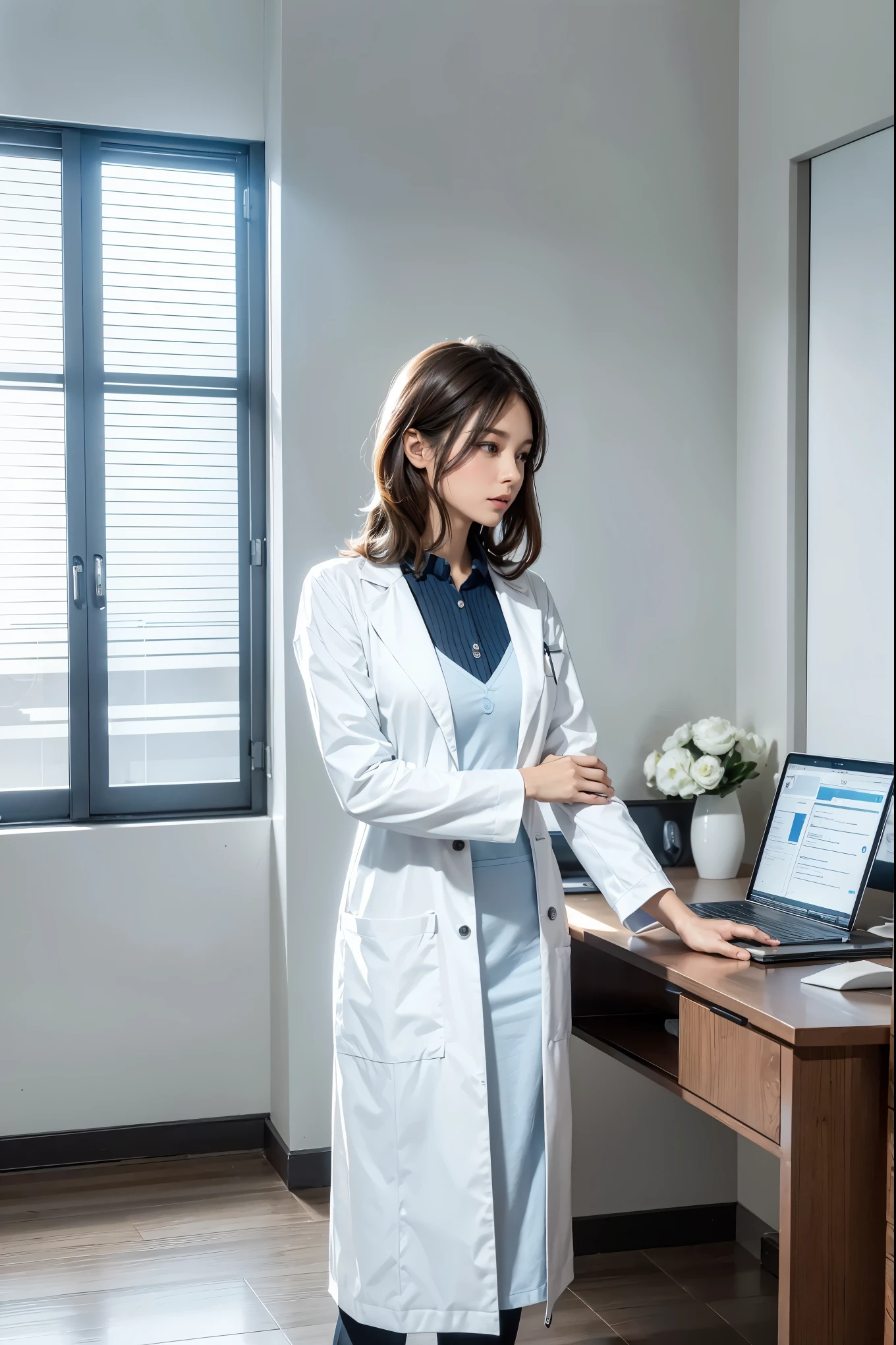 A beautiful female doctor in a professional clinic, (best quality, highres, ultra-detailed), with a crisp white lab coat, stethoscope around her neck, and a warm smile on her face. The doctor has well-defined eyes, a perfectly shaped nose, and luscious lips. Her eyes are captivating and convey confidence and compassion. The clinic is well-lit with natural light streaming in through large windows, creating a serene and inviting atmosphere.

The clinic is equipped with state-of-the-art medical equipment, including a sleek examination table and modern diagnostic instruments. The walls are adorned with informative medical charts and diagrams, providing a sense of knowledge and expertise. The doctor is surrounded by shelves filled with neatly organized medical books, highlighting her dedication to continuous learning and professionalism.

The color palette of the scene is bright and clean, with predominantly white and light blue tones, symbolizing purity and trust. The lighting is carefully balanced to ensure a comfortable and well-lit environment for both the doctor and the patients. The artwork is crafted with meticulous attention to detail, allowing for intricate rendering of the doctor's facial features and the clinic's interior.

The overall style of the artwork is realistic and photo-realistic, with a touch of artistic flair to enhance the visual appeal. The emphasis is on capturing the essence of a dedicated healthcare professional and the importance of providing quality medical care. The artwork exudes professionalism, expertise, and compassion, reflecting the commitment of the doctor to her profession and the well-being of her patients.

