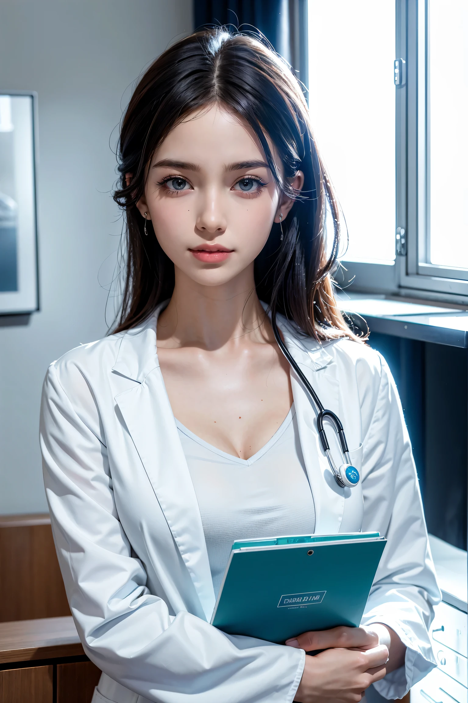 A beautiful female doctor in a professional clinic, (best quality, highres, ultra-detailed), with a crisp white lab coat, stethoscope around her neck, and a warm smile on her face. The doctor has well-defined eyes, a perfectly shaped nose, and luscious lips. Her eyes are captivating and convey confidence and compassion. The clinic is well-lit with natural light streaming in through large windows, creating a serene and inviting atmosphere.

The clinic is equipped with state-of-the-art medical equipment, including a sleek examination table and modern diagnostic instruments. The walls are adorned with informative medical charts and diagrams, providing a sense of knowledge and expertise. The doctor is surrounded by shelves filled with neatly organized medical books, highlighting her dedication to continuous learning and professionalism.

The color palette of the scene is bright and clean, with predominantly white and light blue tones, symbolizing purity and trust. The lighting is carefully balanced to ensure a comfortable and well-lit environment for both the doctor and the patients. The artwork is crafted with meticulous attention to detail, allowing for intricate rendering of the doctor's facial features and the clinic's interior.

The overall style of the artwork is realistic and photo-realistic, with a touch of artistic flair to enhance the visual appeal. The emphasis is on capturing the essence of a dedicated healthcare professional and the importance of providing quality medical care. The artwork exudes professionalism, expertise, and compassion, reflecting the commitment of the doctor to her profession and the well-being of her patients.

