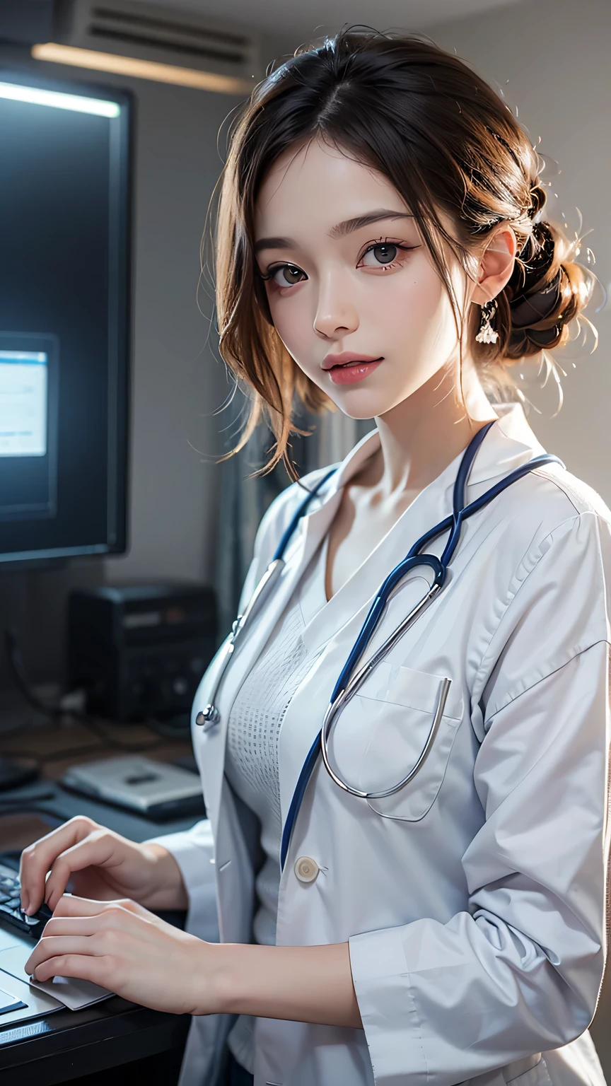 A beautiful female doctor in a professional clinic, (best quality, highres, ultra-detailed), with a crisp white lab coat, stethoscope around her neck, and a warm smile on her face. The doctor has well-defined eyes, a perfectly shaped nose, and luscious lips. Her eyes are captivating and convey confidence and compassion. The clinic is well-lit with natural light streaming in through large windows, creating a serene and inviting atmosphere.

The clinic is equipped with state-of-the-art medical equipment, including a sleek examination table and modern diagnostic instruments. The walls are adorned with informative medical charts and diagrams, providing a sense of knowledge and expertise. The doctor is surrounded by shelves filled with neatly organized medical books, highlighting her dedication to continuous learning and professionalism.

The color palette of the scene is bright and clean, with predominantly white and light blue tones, symbolizing purity and trust. The lighting is carefully balanced to ensure a comfortable and well-lit environment for both the doctor and the patients. The artwork is crafted with meticulous attention to detail, allowing for intricate rendering of the doctor's facial features and the clinic's interior.

The overall style of the artwork is realistic and photo-realistic, with a touch of artistic flair to enhance the visual appeal. The emphasis is on capturing the essence of a dedicated healthcare professional and the importance of providing quality medical care. The artwork exudes professionalism, expertise, and compassion, reflecting the commitment of the doctor to her profession and the well-being of her patients.

