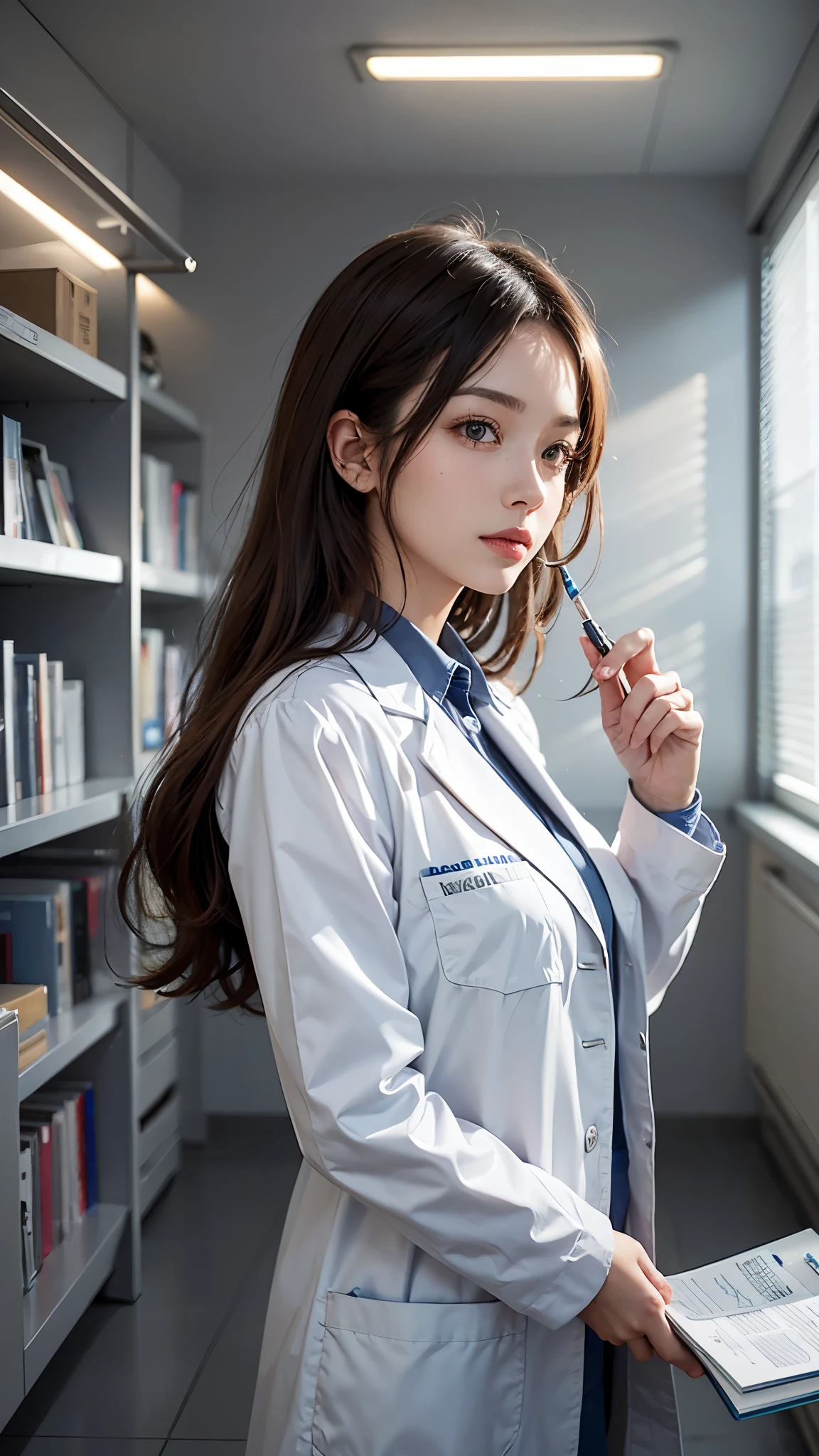 A beautiful female doctor in a professional clinic, (best quality, highres, ultra-detailed), with a crisp white lab coat, stethoscope around her neck, and a warm smile on her face. The doctor has well-defined eyes, a perfectly shaped nose, and luscious lips. Her eyes are captivating and convey confidence and compassion. The clinic is well-lit with natural light streaming in through large windows, creating a serene and inviting atmosphere.

The clinic is equipped with state-of-the-art medical equipment, including a sleek examination table and modern diagnostic instruments. The walls are adorned with informative medical charts and diagrams, providing a sense of knowledge and expertise. The doctor is surrounded by shelves filled with neatly organized medical books, highlighting her dedication to continuous learning and professionalism.

The color palette of the scene is bright and clean, with predominantly white and light blue tones, symbolizing purity and trust. The lighting is carefully balanced to ensure a comfortable and well-lit environment for both the doctor and the patients. The artwork is crafted with meticulous attention to detail, allowing for intricate rendering of the doctor's facial features and the clinic's interior.

The overall style of the artwork is realistic and photo-realistic, with a touch of artistic flair to enhance the visual appeal. The emphasis is on capturing the essence of a dedicated healthcare professional and the importance of providing quality medical care. The artwork exudes professionalism, expertise, and compassion, reflecting the commitment of the doctor to her profession and the well-being of her patients.

