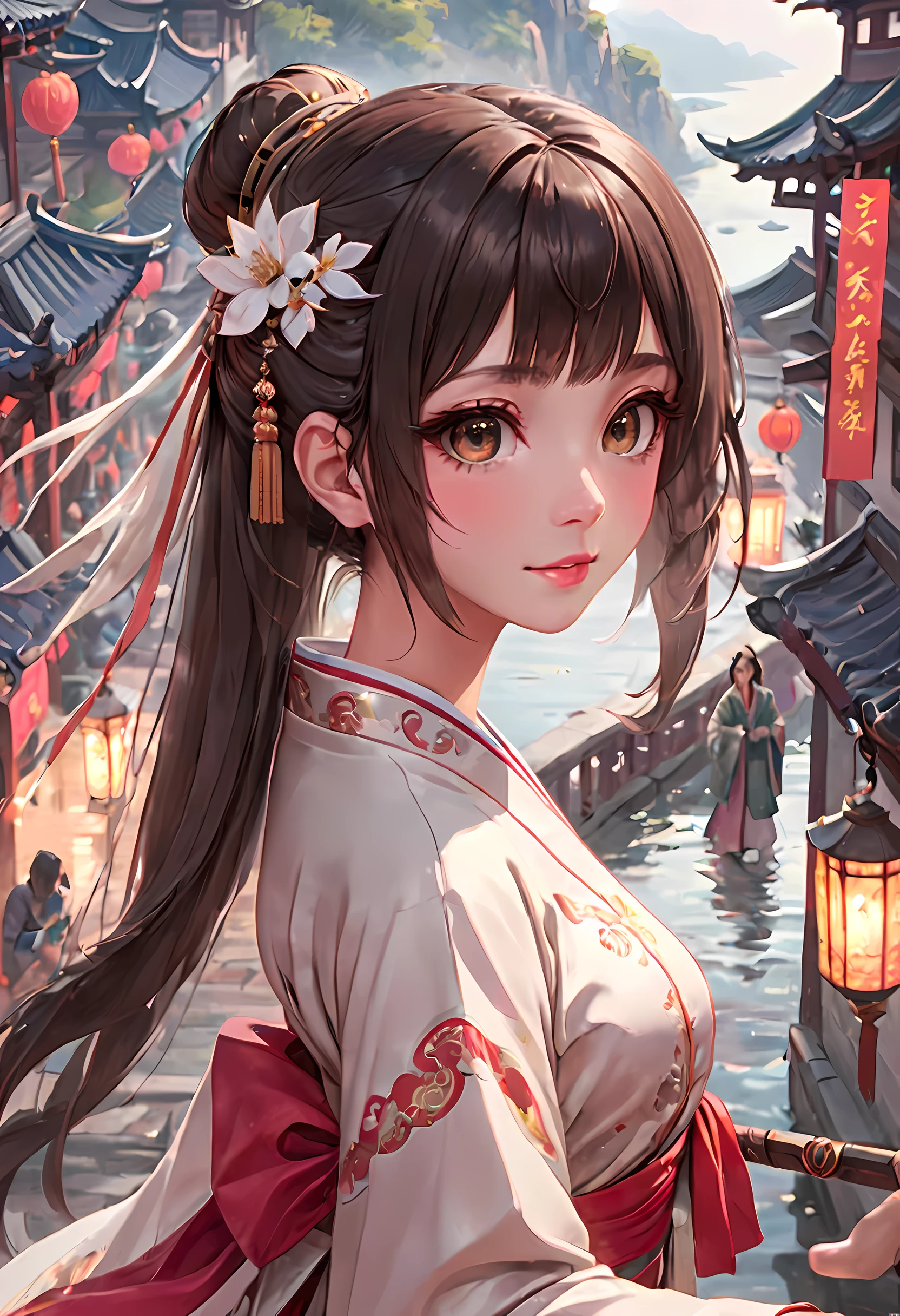 (best quality,masterpiece:1.2),(perfect face:1.5),(Bright Eyes:1.3),Animation scene of a beautiful girl wearing Hanfu walking on a busy street,smiling,(Palace and majestic tower atop the waterfall),(low angle shot:1.2),Taoist,(Detailed Hanfu:1.3),guweiz style artwork, Anime Fantasy Illustration, 2.5d cgi anime fantasy artwork, anime fantasy artwork, anime art wallpaper 4k, anime art wallpaper 4k, anime style 4k, Chinese fantasy, fantasy art style, A beautiful artistic illustration, Anime Fantasy Illustration, beautiful fantasy art