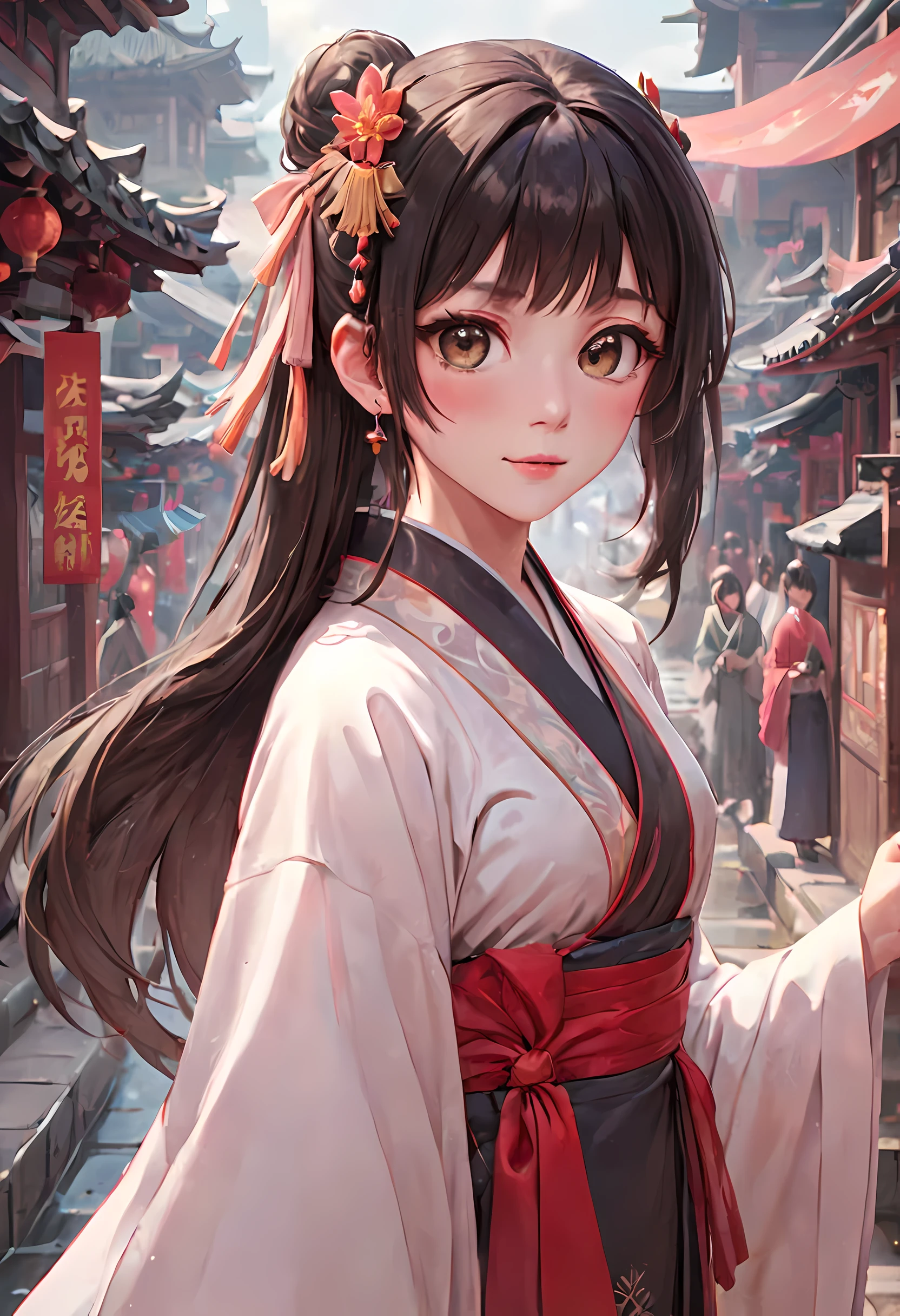 (best quality,masterpiece:1.2),(perfect face:1.5),(Bright Eyes:1.3),Animation scene of a beautiful girl wearing Hanfu walking on a busy street,smiling,(Palace and majestic tower atop the waterfall),(low angle shot:1.2),Taoist,(Detailed Hanfu:1.3),guweiz style artwork, Anime Fantasy Illustration, 2.5d cgi anime fantasy artwork, anime fantasy artwork, anime art wallpaper 4k, anime art wallpaper 4k, anime style 4k, Chinese fantasy, fantasy art style, A beautiful artistic illustration, Anime Fantasy Illustration, beautiful fantasy art