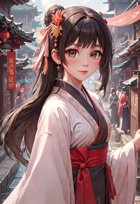 (best quality,masterpiece:1.2),(perfect face:1.5),(Bright Eyes:1.3),Animation scene of a beautiful girl wearing Hanfu walking on...