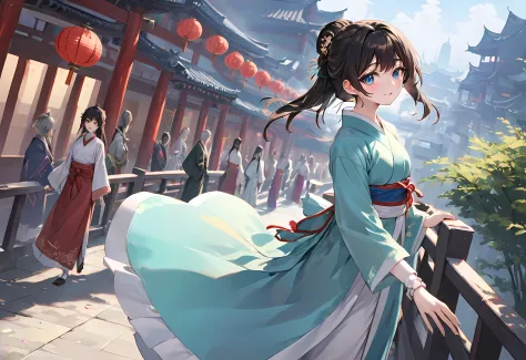 (best quality,masterpiece:1.2),(perfect face:1.5),(Bright Eyes:1.3),Animation scene of a beautiful girl wearing Hanfu walking on...