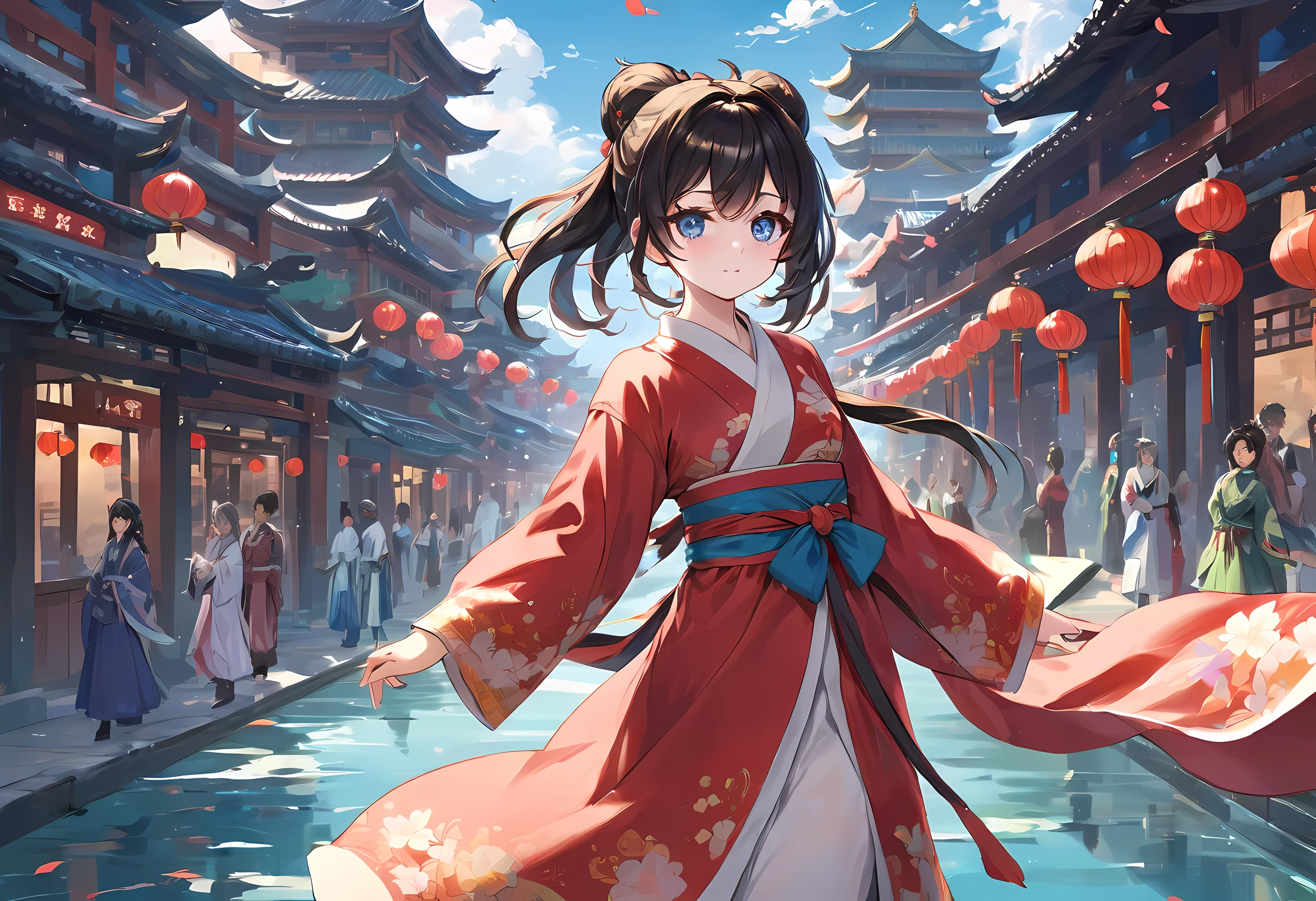 best quality,(perfect face:1.5),(Bright Eyes:1.3),Animation scene of a beautiful girl wearing Hanfu walking on a busy street,Palace and fairy tower in the distance,vast sky,Taoist,(Detailed Hanfu:1.2),guweiz style artwork, Anime Fantasy Illustration, 2.5d cgi anime fantasy artwork, anime fantasy artwork, anime art wallpaper 4k, anime art wallpaper 4k, anime style 4k, Chinese fantasy, fantasy art style,  A beautiful artistic illustration, Anime Fantasy Illustration,Anime girl walking on water, beautiful fantasy art