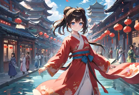 best quality,(perfect face:1.5),(Bright Eyes:1.3),Animation scene of a beautiful girl wearing Hanfu walking on a busy street,Pal...