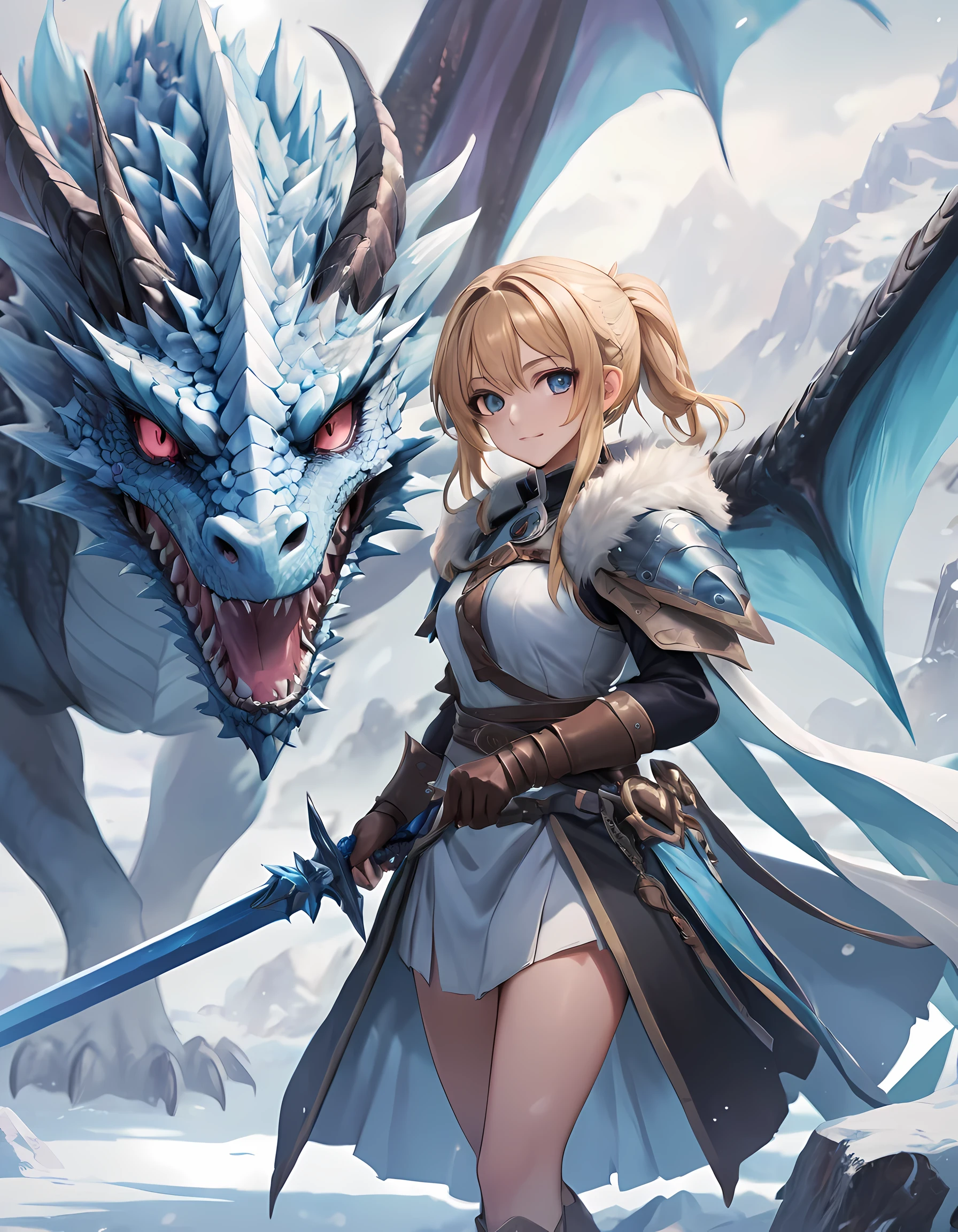 best quality,masterpiece,(Very detailed:1.2),(perfect face:1.3),Beautiful girl holding frost sword, with ice dragon,Valkyrie in the Art of Demon-Slaying,High-quality animation illustrations,Human and dragon fusion, Anime Fantasy Illustration, fantasy style anime, (giant ice dragon),dragon god,Epic Anime Fantasy, anime fantasy artwork, (Artoria Pendragon), Demon Slayer: Rui fan art, Detailed digital animation art, Digital animation illustration, Detailed key animation art, Epic light novel art cover, Detailed anime art,  Caricature wallpaper, dragon girl, epic anime style, 2.5D CGI Art,granblue fantasy,Ark Night