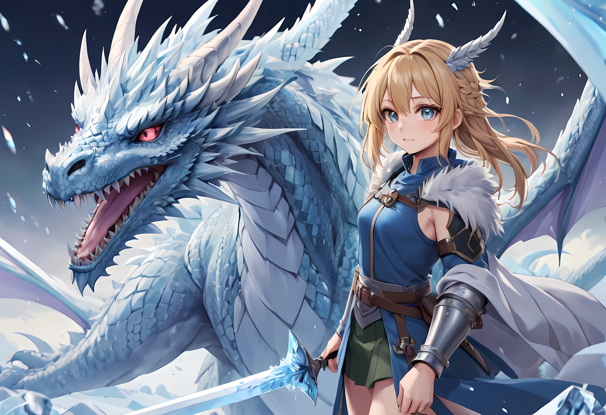 best quality,masterpiece,(Very detailed:1.2),(perfect face:1.3),Beautiful girl holding frost sword, with ice dragon,Valkyrie in the Art of Demon-Slaying,High-quality animation illustrations,Human and dragon fusion, Anime Fantasy Illustration, fantasy style anime, (giant ice dragon),dragon god,Epic Anime Fantasy, anime fantasy artwork, (Artoria Pendragon), Demon Slayer: Rui fan art, Detailed digital animation art, Digital animation illustration, Detailed key animation art, Epic light novel art cover, Detailed anime art,  Caricature wallpaper, dragon girl, epic anime style, 2.5D CGI Art,granblue fantasy,Ark Night