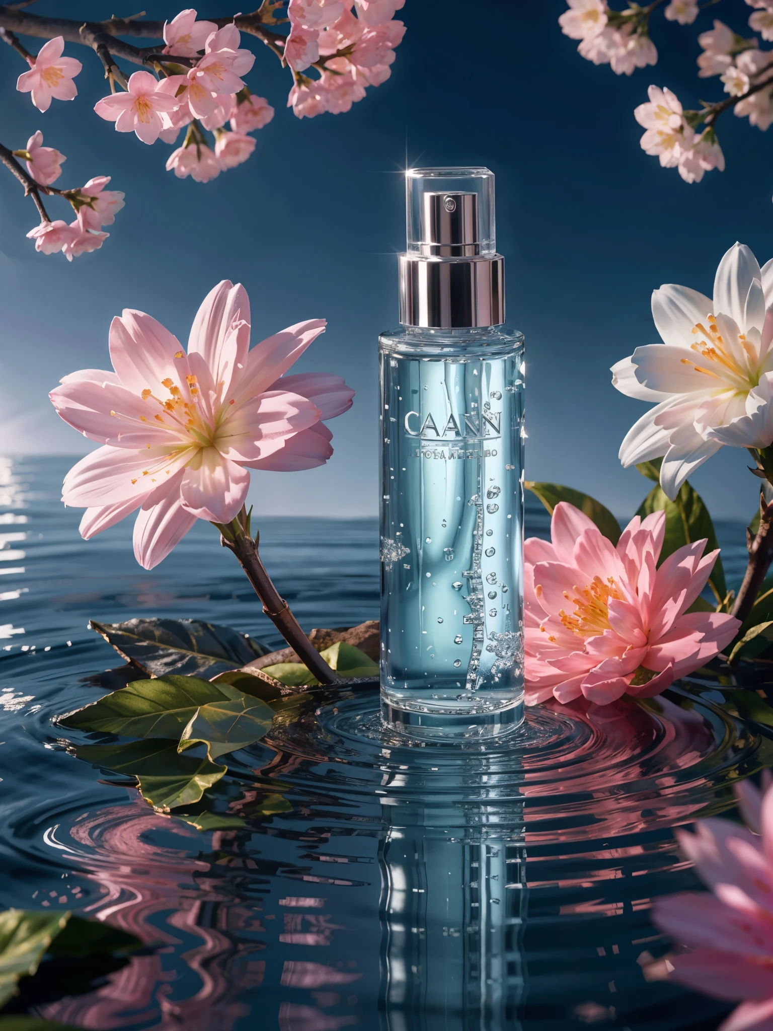 BEST QUALITY, 4K, 8K, HIGH RESOLUTION, MASTERPIECE, ULTRA-DETAILED, PHOTOREALISTIC, BLENDER, MAKEUP BOTTLE, CHERRY BLOSSOM WRAPPED AROUND, BLUE SKY BACKGROUND, WATER, SUNLIGHT, LOW PERSPECTIVE, PRODUCT RENDERING