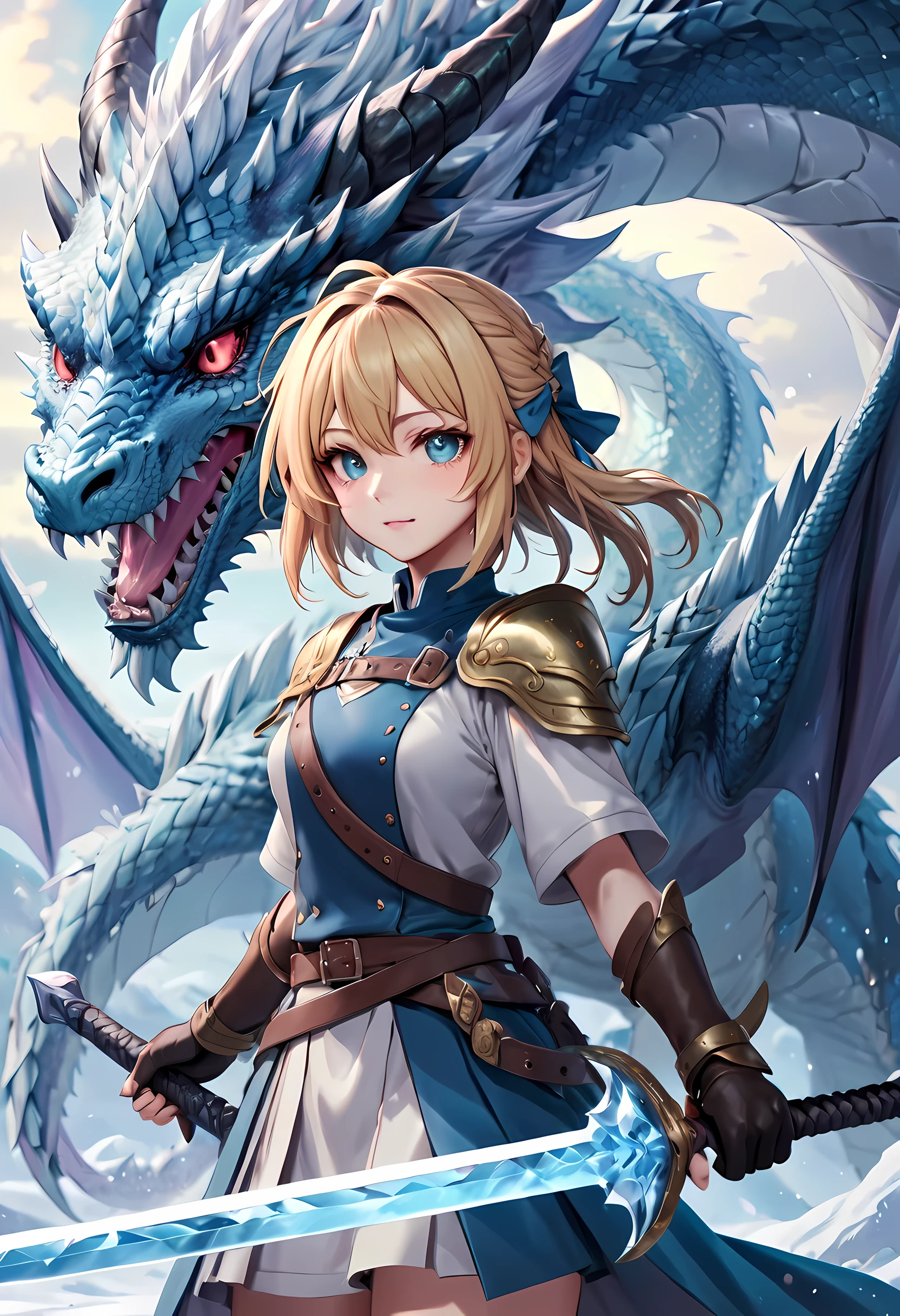 best quality,masterpiece,(Very detailed:1.2),(perfect face:1.3),Beautiful girl holding frost sword, with ice dragon,Valkyrie in the Art of Demon-Slaying,High-quality animation illustrations,Human and dragon fusion, Anime Fantasy Illustration, fantasy style anime, (giant ice dragon),dragon god,Epic Anime Fantasy, anime fantasy artwork, (Artoria Pendragon), Demon Slayer: Rui fan art, Detailed digital animation art, Digital animation illustration, Detailed key animation art, Epic light novel art cover, Detailed anime art,  Caricature wallpaper, dragon girl, epic anime style, 2.5D CGI Art,granblue fantasy,Ark Night