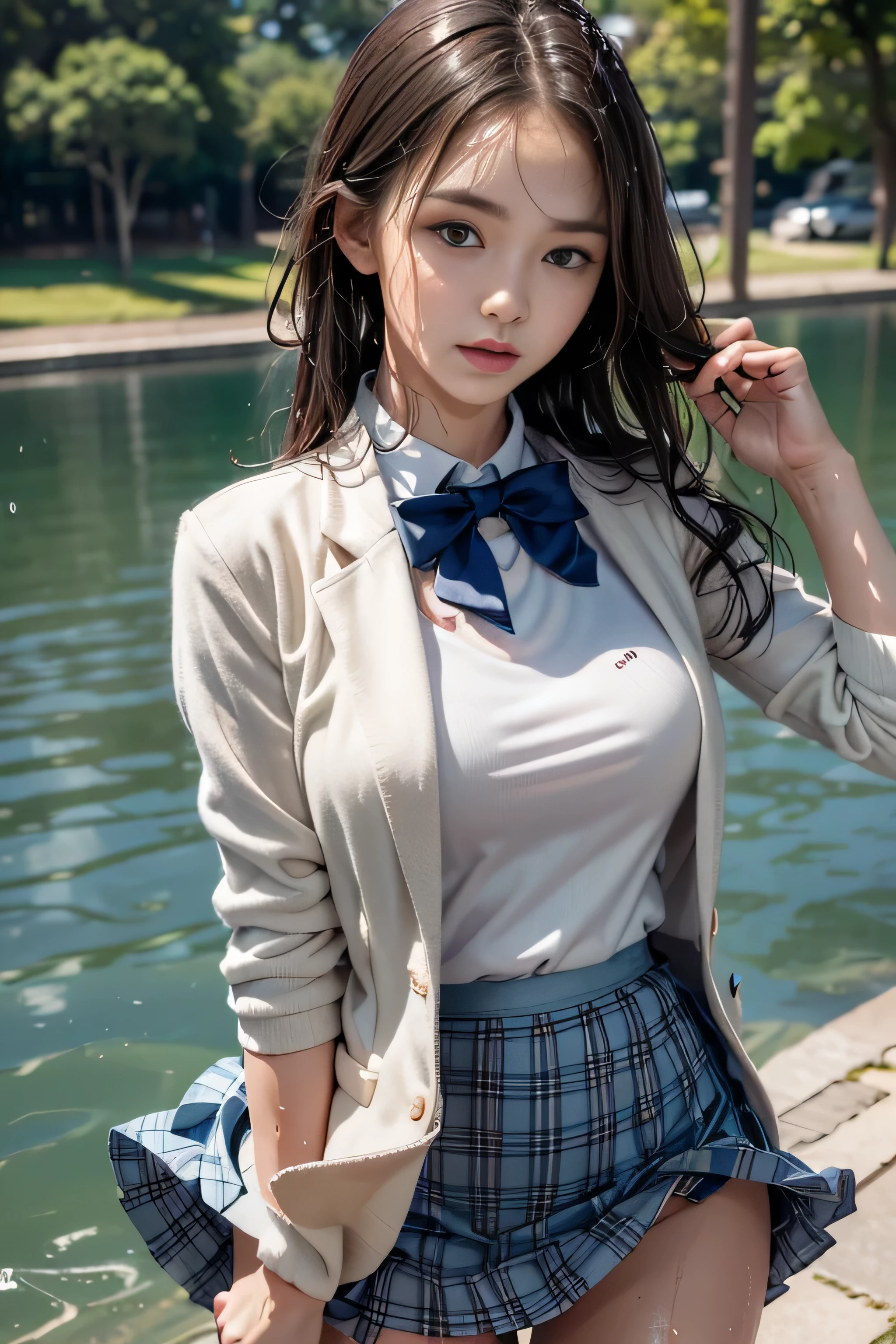 ((High school girl walking in a park by the lake))、((Wet white blazer))、((translucent white blouse、red bow tie、Dark blue checked skirt)). 40k, photograph, table top, highest quality, dark gray background, ((beautiful eyes、One girl in a wet brown pale short cut, . white skin, Versatile poses.((Medium chest,:1.1)), highest quality, table top, ultra high resolution, (realistic:1.4), RAWphotograph, (perfect body shape), (slim:1.3), slimな腹部, Perfect slim figure, dynamic pose, (((big :0.9))), alone, Cold light 12000K, very detailed facial and skin texture, fine eyes, realistic eyes, 美しくfine eyes, (realistic skin), charm, ultra high resolution, 超realistic, very detailed,、((she is wet)),((The wind blows up the skirt)),(lift the skirt)