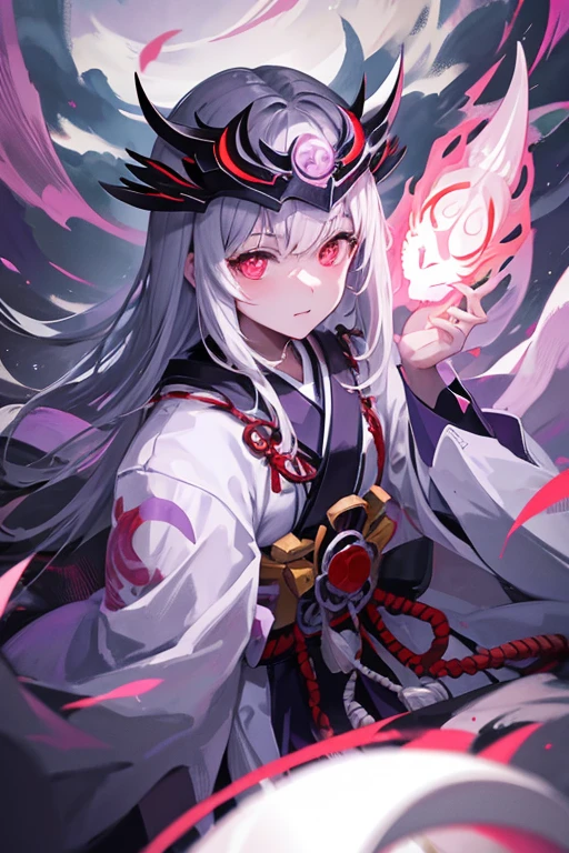 ghost woman, grey kimono, samurai demon helmet, purple clouds, long grey hair, red glowing eyes