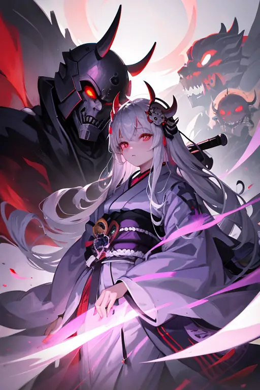 ghost woman, grey kimono, samurai demon helmet, purple clouds, long grey hair, red glowing eyes
