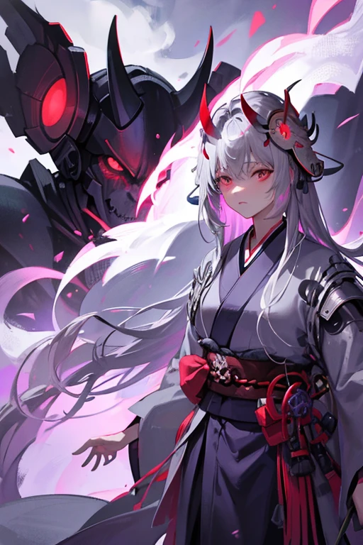femme fantôme, kimono gris, perles de démonstration samouraï, nuages violets, Longs cheveux gris, yeux rouges brillants