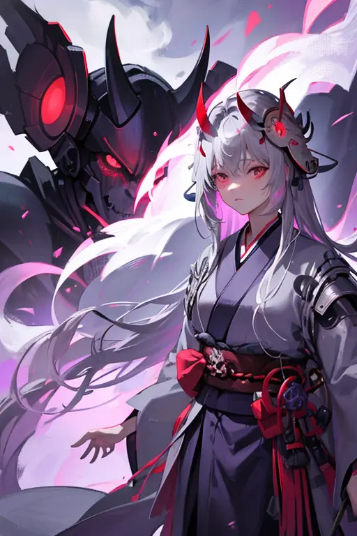 ghost woman, grey kimono, samurai demon helmet, purple clouds, long grey hair, red glowing eyes